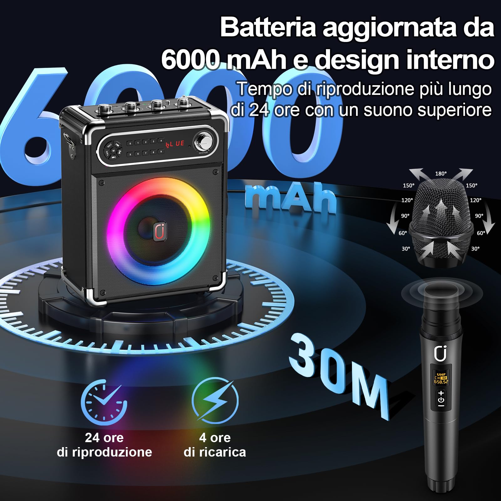 JYX Karaoke con 2 Microfono, Sistema Portatile 6,5'', 80W Cassa Bluetooth 5.3 Altoparlante, Controlli per alti/bassi e luce LED, Compatibile TWS, USB/TF/Radio FM, Funzione Registrazione, Nero
