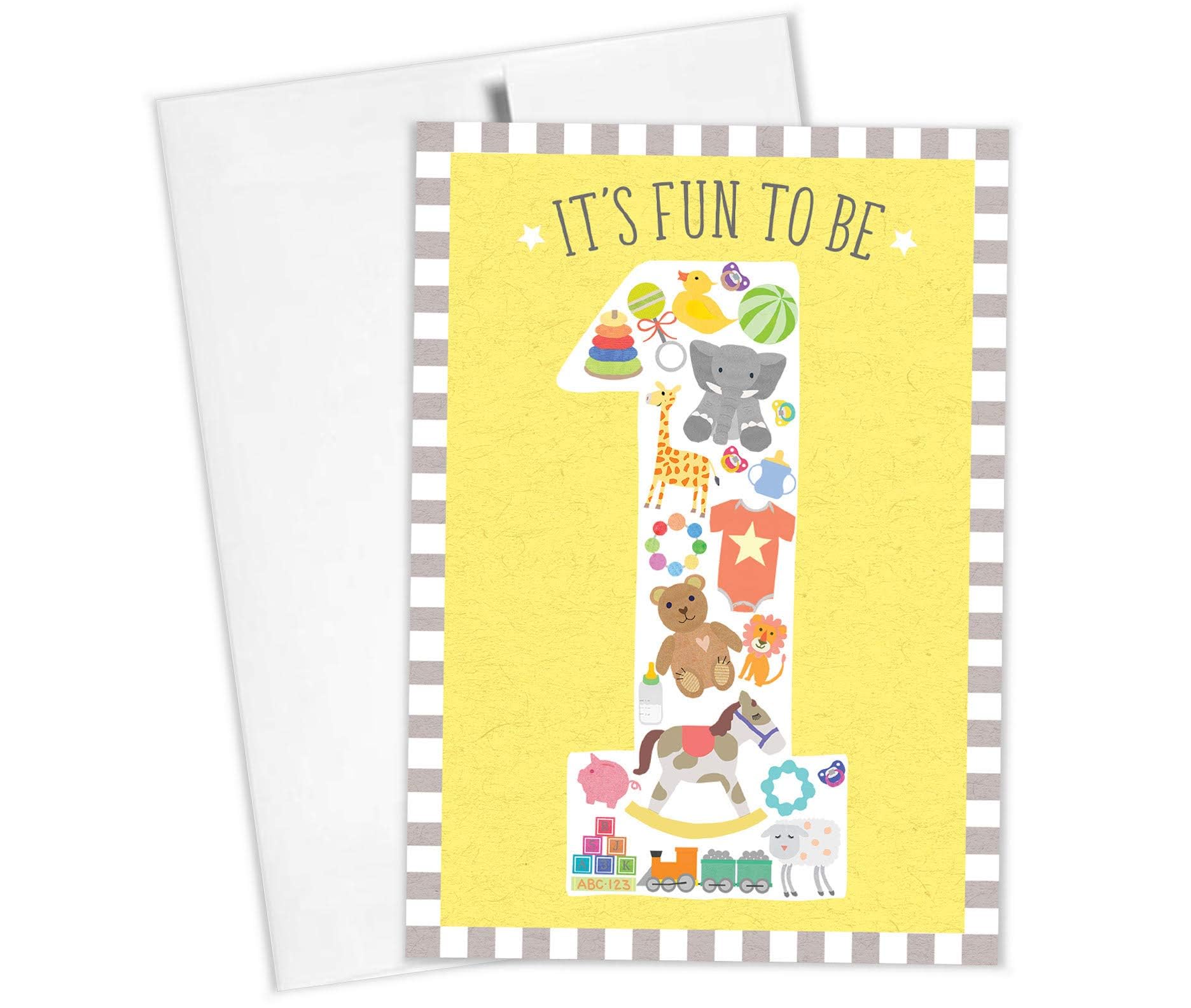 Tiny Expressions 1st Birthday Card for Boy or Girl – 5" x 7" ‘It’s Fun to Be 1’ Happy First Birthday Card, Gender-Neutral Design - Includes a Matching White Envelope