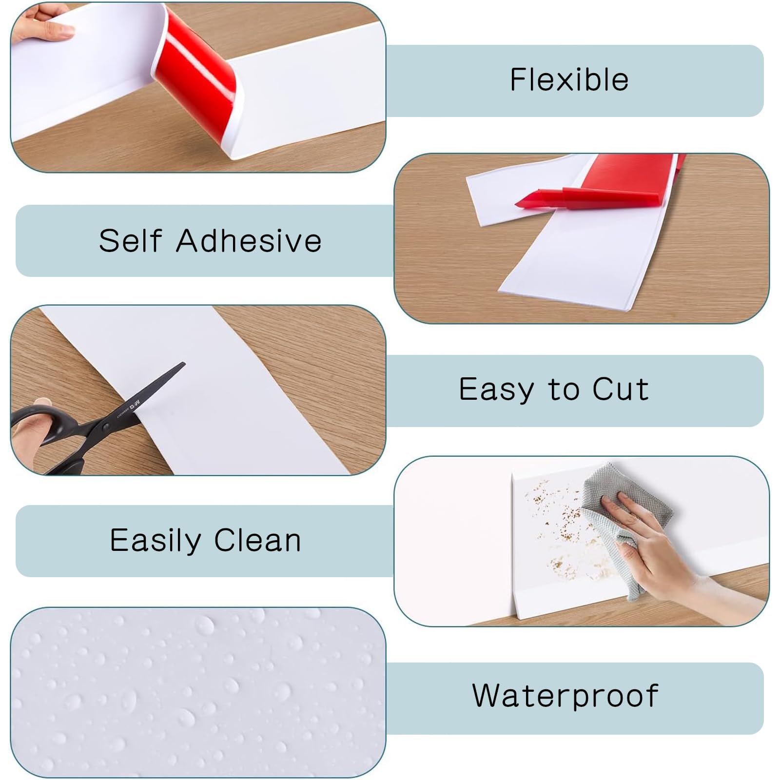 Battiscopa in PVC, autoadesivo, per cucina e bagno, listello flessibile e adesivo, larghezza 10 cm (bianco, 5 m)