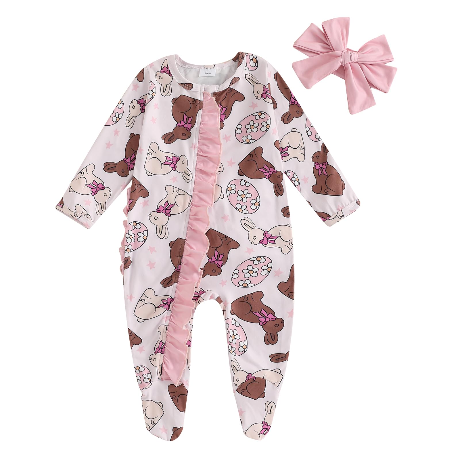MoZiKQin Newborn Baby Girl Ruffle Romper Knit Sweater Footie Jumpsuit Long Sleeve Zipper Romper Cute Fall Winter Outfits (Easter Eggs Bunny-brown,Newborn)