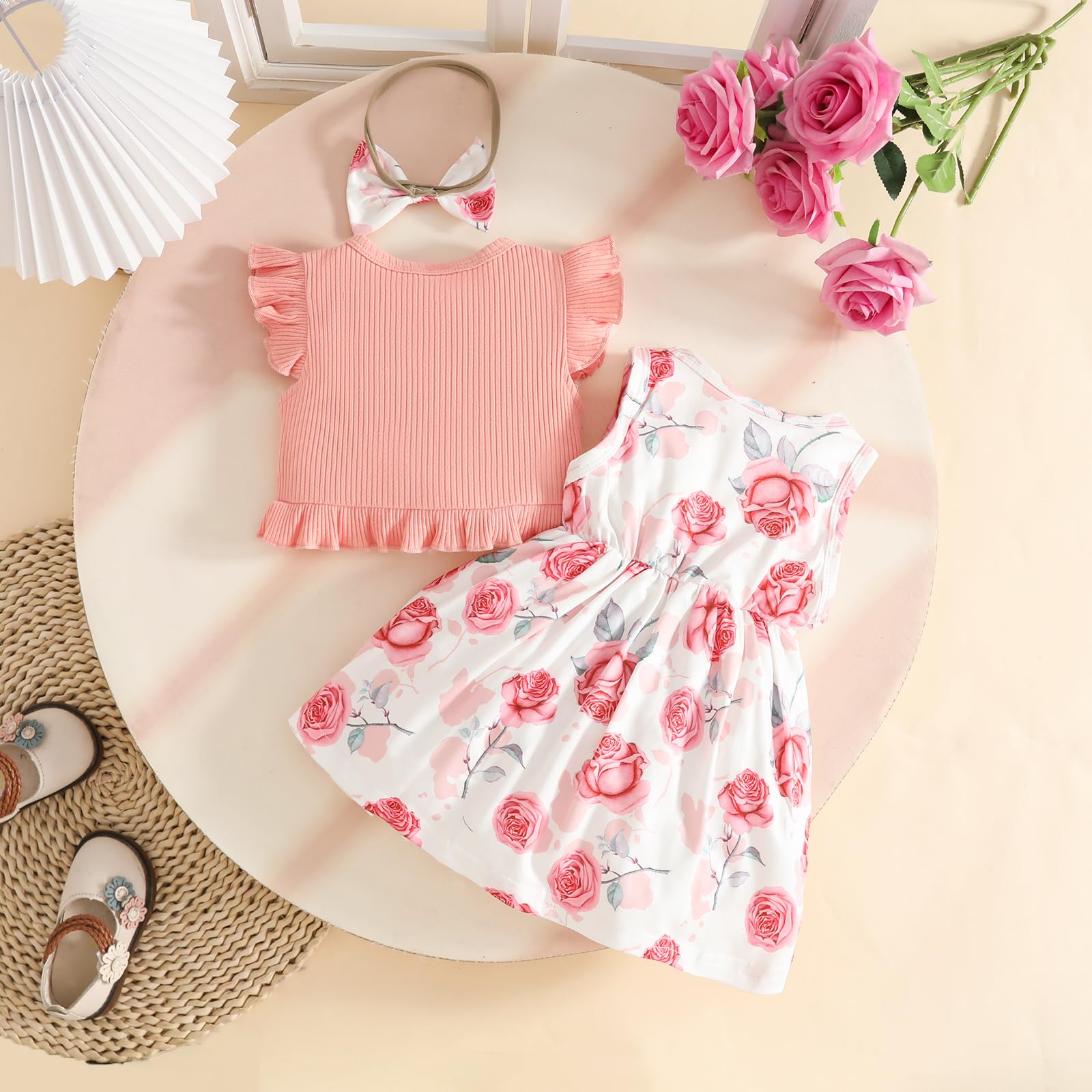 Robe pour Petites Filles Gilet à Volants Hauts à Fleurs Papillon Robes à Carreaux Vêtements D'été Bébés Filles - 3