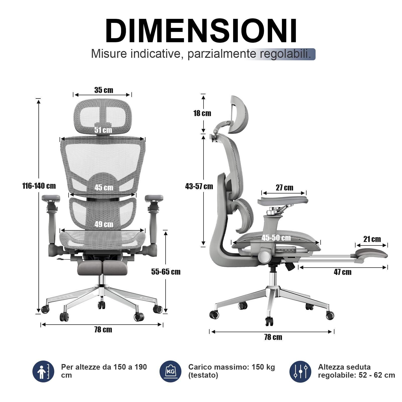 naspaluro Sedia Ufficio Ergonomica, Sedia Scrivania con Poggiapiedi Estraibile, Braccioli 6D, Seduta Regolabile, Schienale Rete Traspirant Supporto Lombare Poltrona Gaming, Carico 150 kg, Grigio