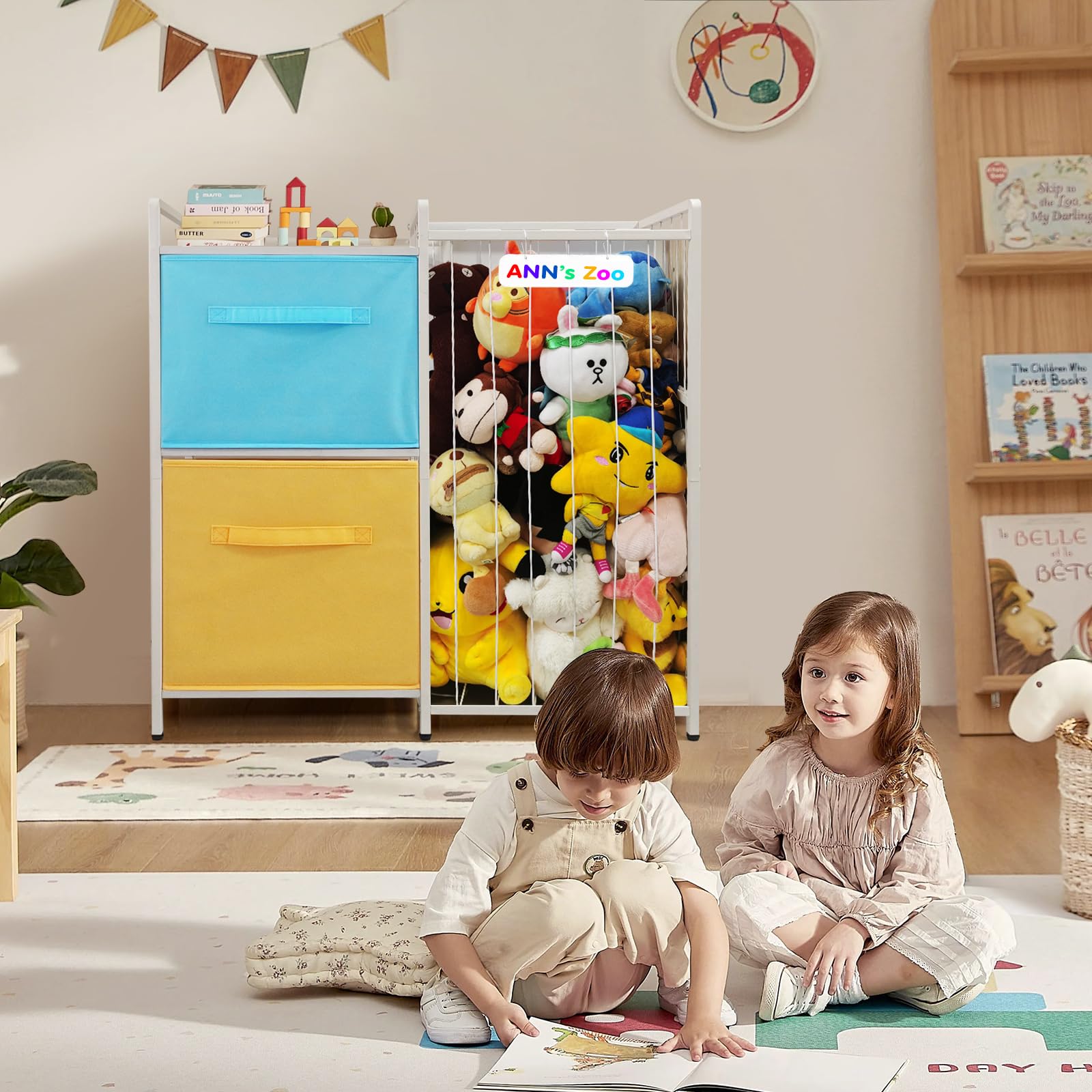 Kuscheltier Aufbewahrung, Metall Stofftier Aufbewahrung mit 2 Fächern für Plüschtiere Teddy, 187L Bücherregal Kinder Spielzeugschrank Spielzeug Korb für Kinderzimmer Möbel Deko B