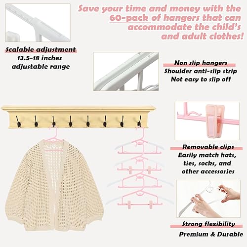 Miniatura 6 de 60 perchas para niños con clips, perchas ajustables rosas para ropa antideslizantes para niños, perchas para niños, perchas extensibles con gancho,