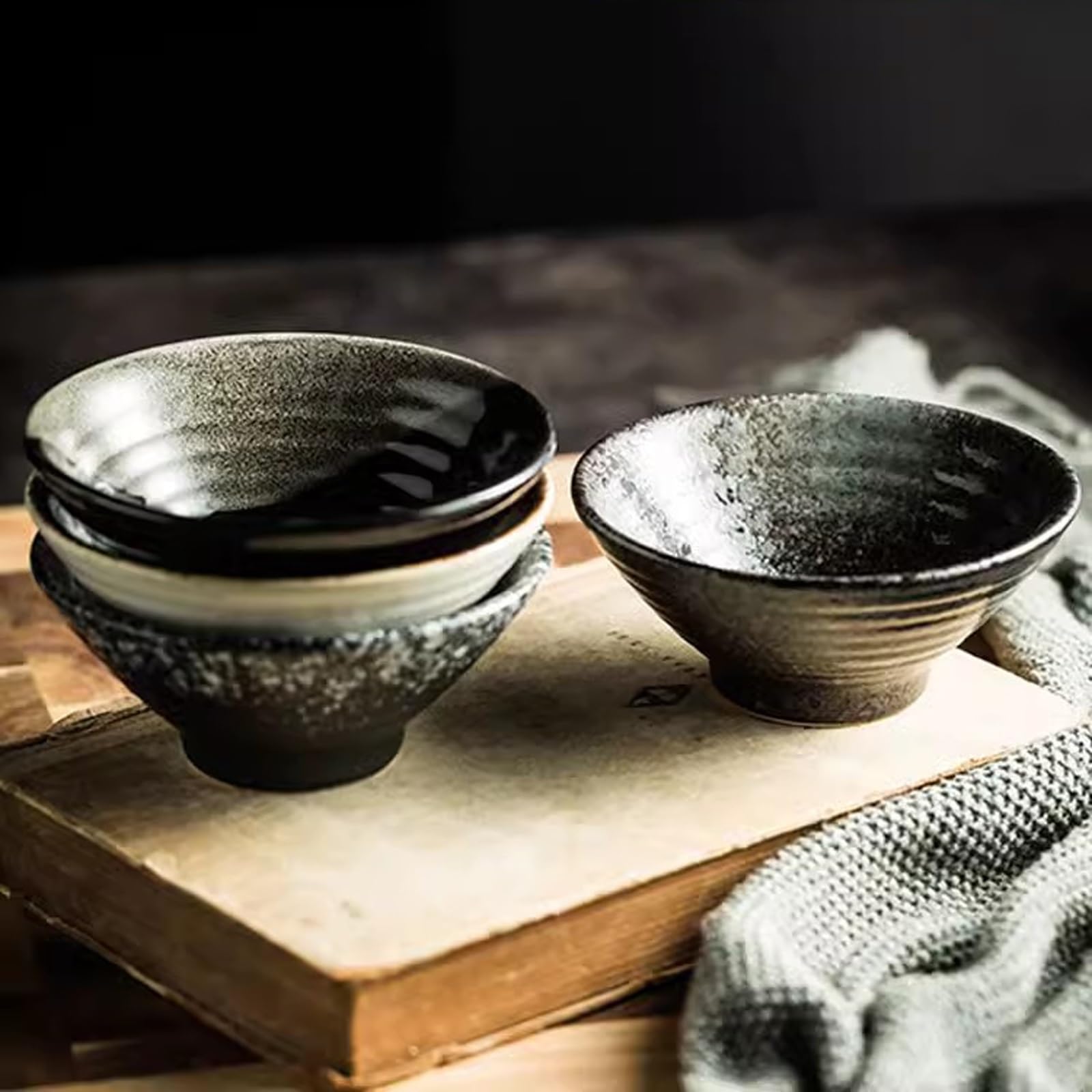 CFWSHJ Miski do sałatek 4 szt. Zastawa stołowa w stylu retro w stylu chińskim, Ceramiczne miski do zupy do użytku domowego, Miski do ryżu, Miski z bambusowym kapeluszem, Antyczne ręcznie robione miski