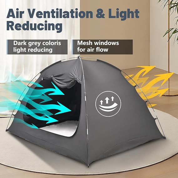 Bed Tent for Full Size Bed, 3-Door Canopy with 80% Blackout & Breathable Mesh, Portable Private Sleeping Tent for Adults, Kids - Easy Setup Bedroom Privacy & Nap Space ((Black))