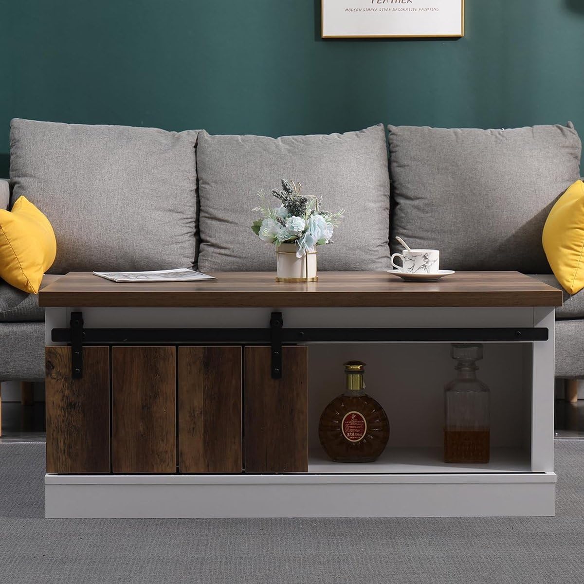 Mevsim Store Coffee table with sliding doors - White Brown - Industrial - Wood - 99,6x58,9x42,9 cm - Modern farmhouse style, wood material, ample storage space