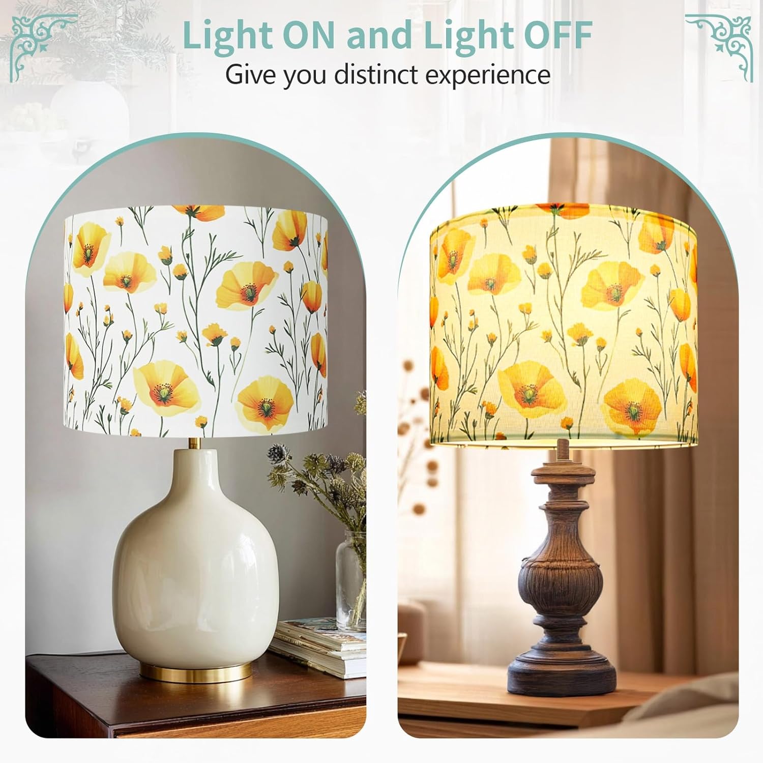 Drum Lamp Shades, Fabric lamps shades with Golden Marigold Print, 13 "Top x 13" Bottom x 10 "Heigh(Spider), Lamp Shades for Table Lamps, Support E26/E14 Base, 1 Pack