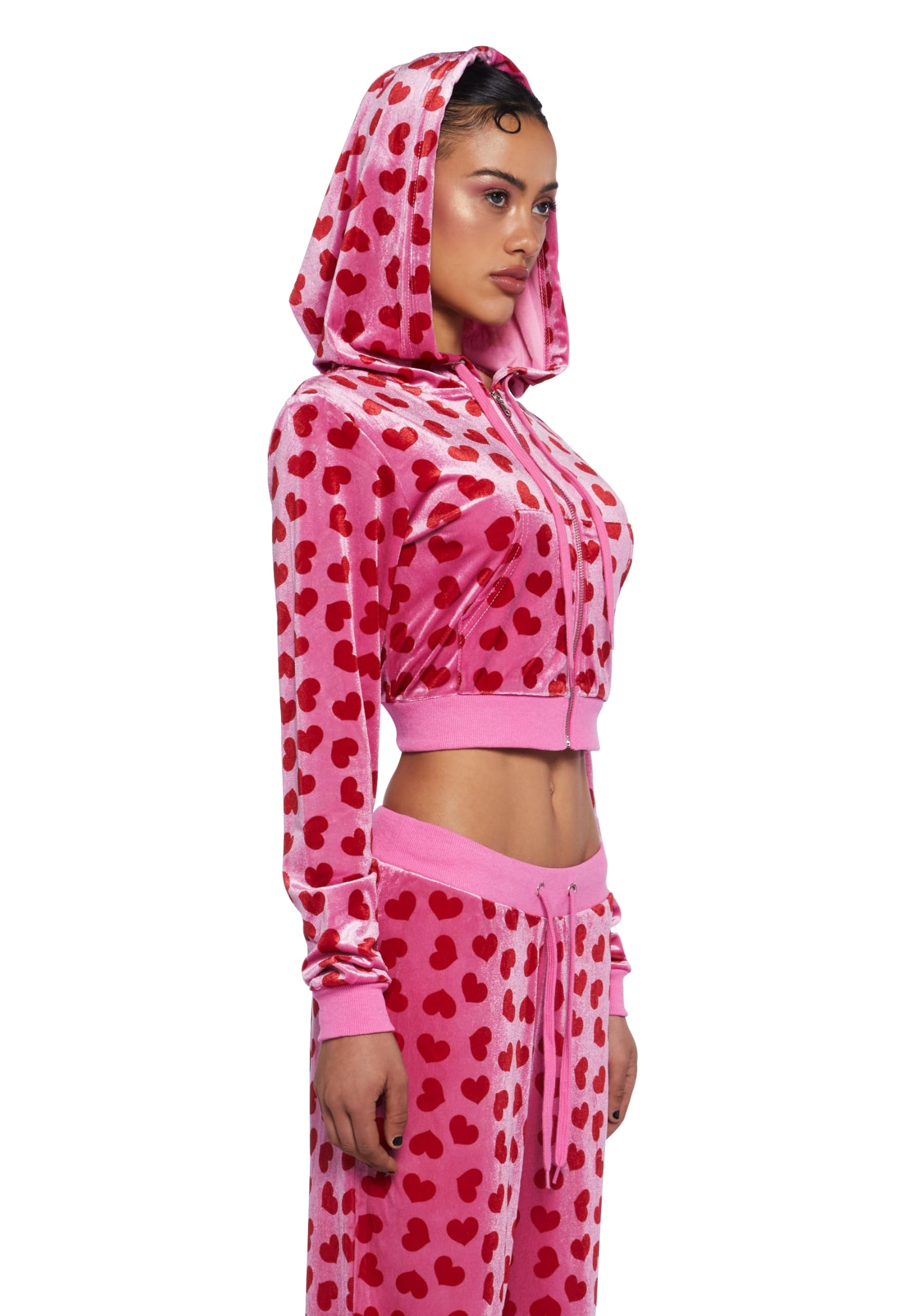 Dolls Kill Loyal Maneater Velour Track Jacket by Sugar Thrillz – Cropped Heart Print Zip-Up Jacket: Pink Small