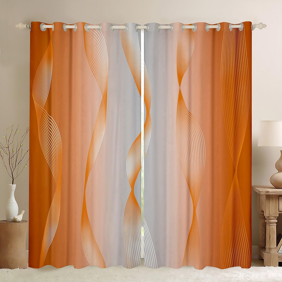 Homewish Gradient Orange and Greyish White Blackout Curtains Ombre 2 Panels 66" Wx72 L Curtains & Drapes,Trippy Spiral Silver Wave Line Curtains,Abstract Art Room Decor Aesthetic - Image 2