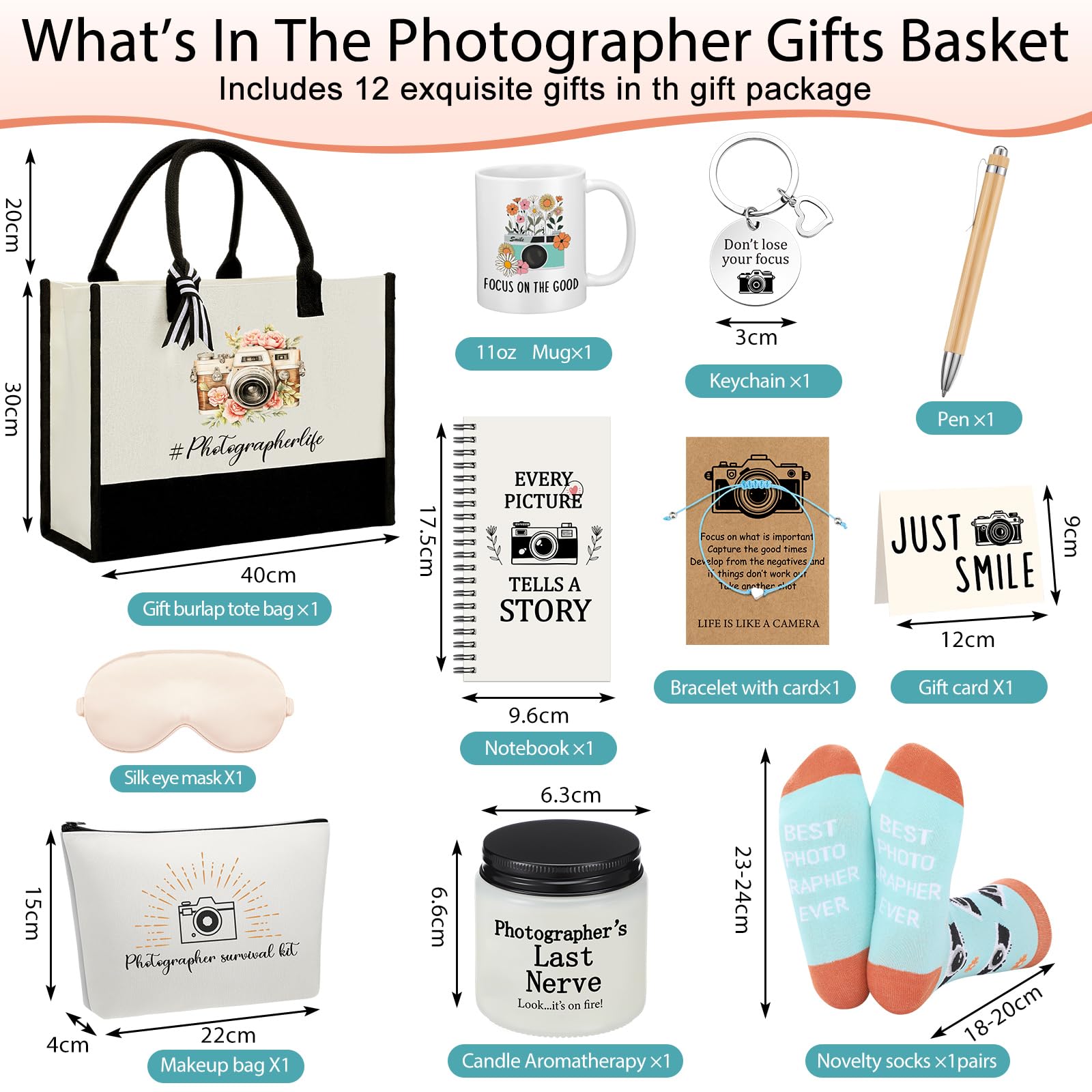 Leinuosen 12 Pcs Photography Gift Set for Women Trapezoid Grocery Canvas Tote Bag with Handle Makeup Bag Mug Scented Candle Novelty Socks for Photographer Appreciation Birthday Party Favors