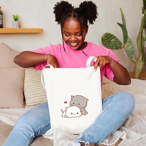 Miniatura 7 de KEEVICI Linda bolsa de lona con diseño de gato para mujer, diseño estético kawaii, bolsas de compras reutilizables