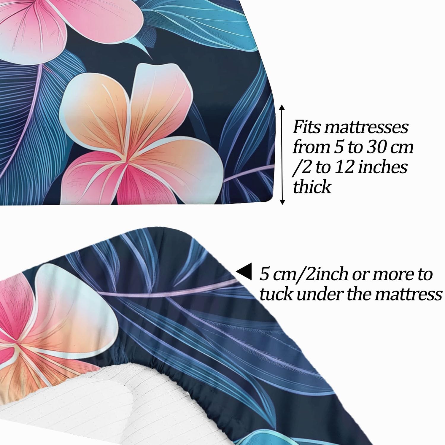 Drap Housse 180 x 200 cm avec Bonnet 30 cm, Feuilles Fleurs Plantes Tropicales Luxueuses Drap Housse Enfant, Drap Housse Matelas Epais Bleu Foncé, Microfibre Brossée avec Une Rebord Élastique