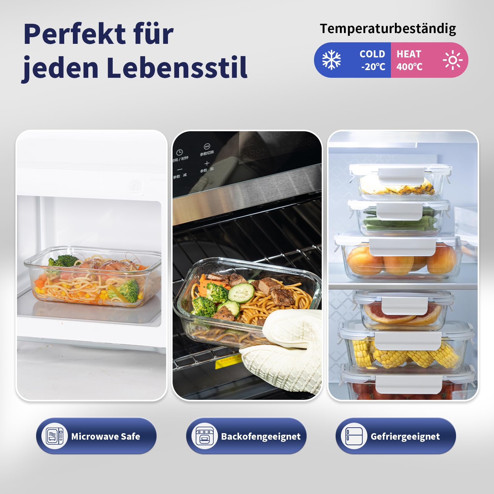 Meal Prep Cajas de cristal, tarros de cristal con tapa, juego de recipientes herméticos con tapa a prueba de fugas, para microondas, congelador y fregadero, 15 unidades, color azul