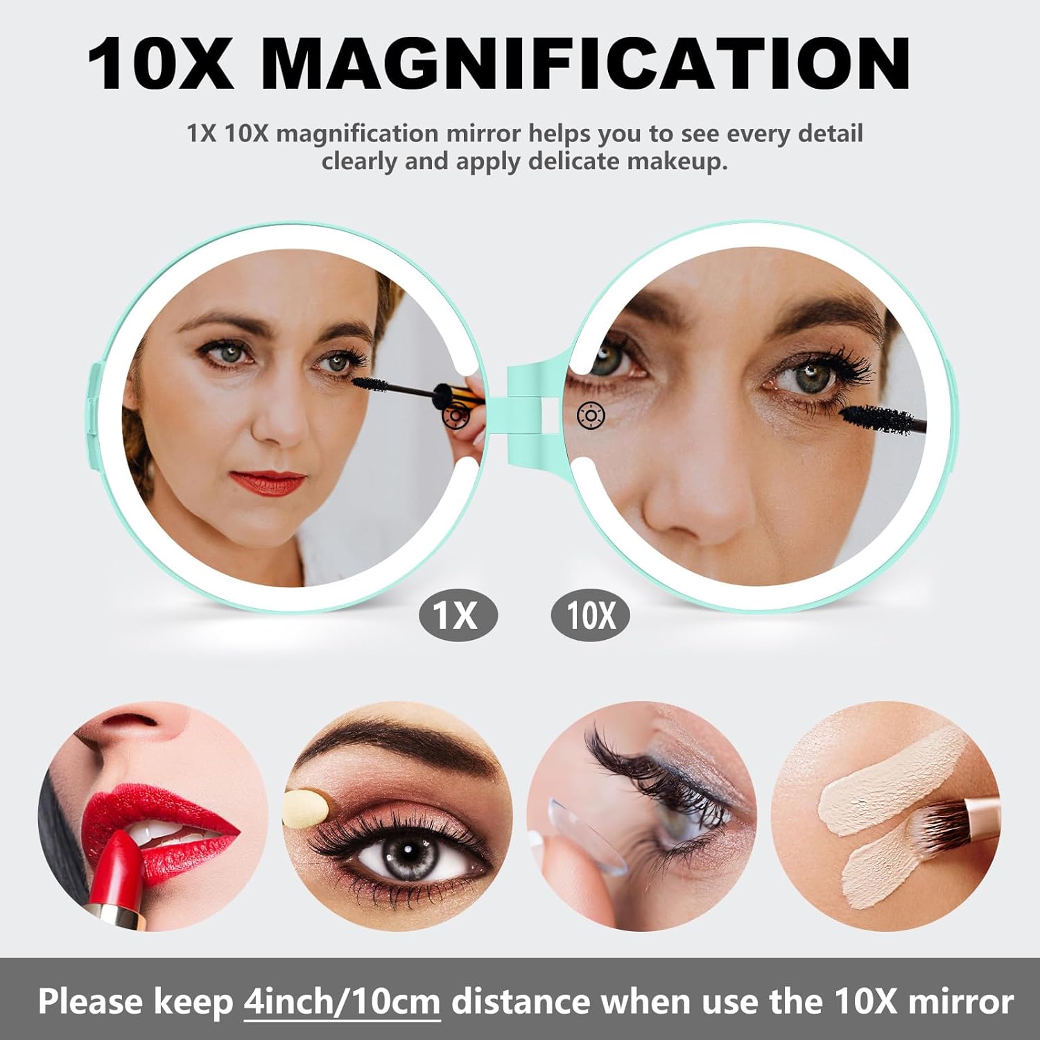 6.3 Inch Rechargeable Folding 10x Magnification Double Sided Makeup Mirror with Lights, Portable Travel Mirror for Women with Nearsightedness | Travel Essentials for Women - Image 2