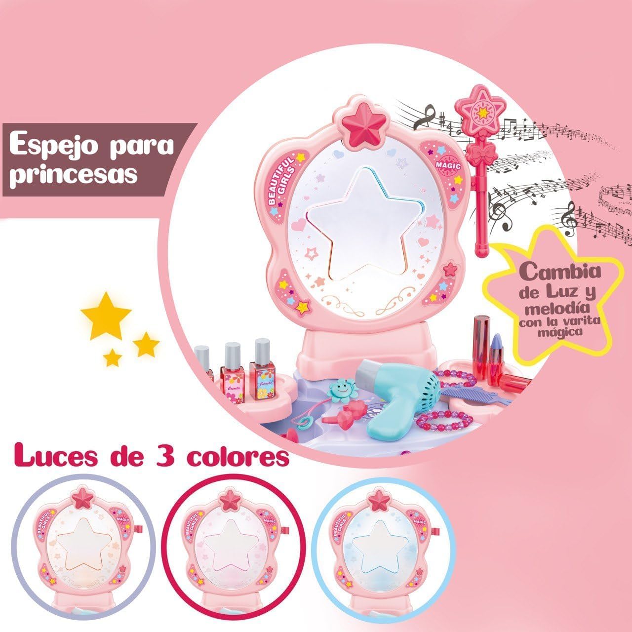 GalPat Baby - Tocador de Juguete niñas + Taburete - Incluye secador electrico + Accesorios - Espejo con música y Luces - Varita Mágica - Incluye 27 Piezas