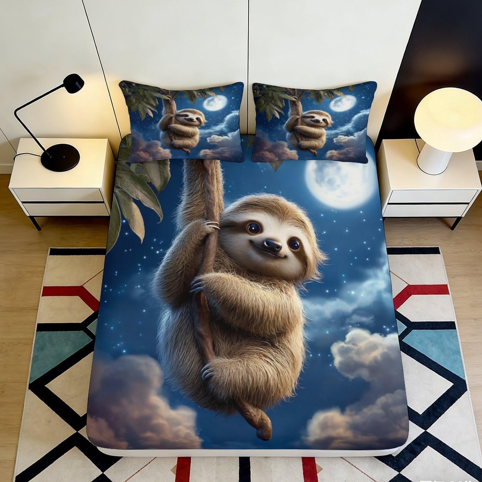 Pnayamiorkfel Style-10 3D Printed Moonlit Sloth Fitted Sheet Microfiber Soft Anti-Slip Tree Branch Bed Cover For Bedroom Guest Room Decor 90X200x25cm