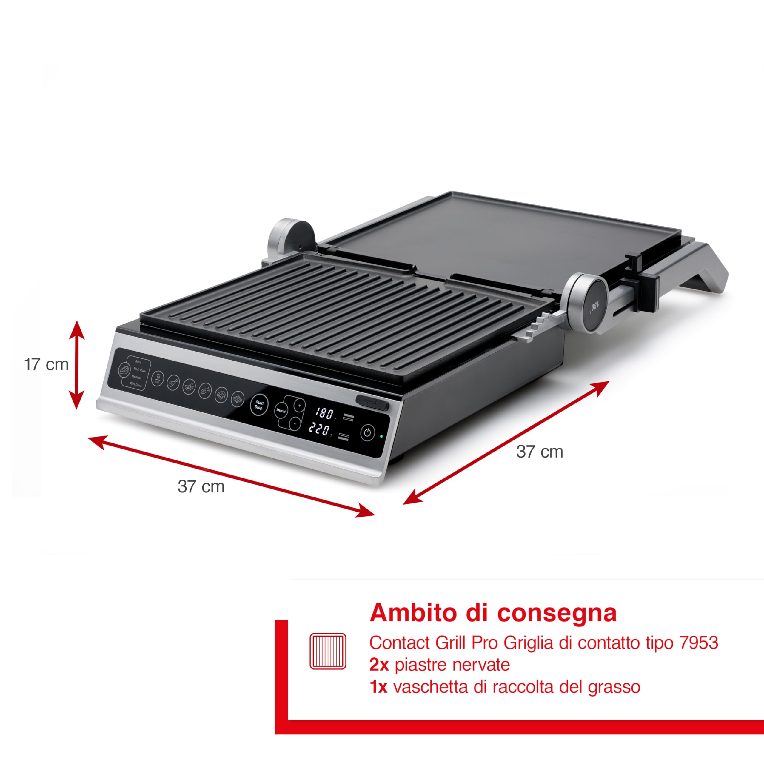Solis Contact Grill Pro (tipo 7953) - Barbecue elettrico apribile a 180°, Panini Maker, Sandwich Tostapane, Bistecchiera per verdure, antiaderente, lavabile in lavastoviglie, acciaio inossidabile