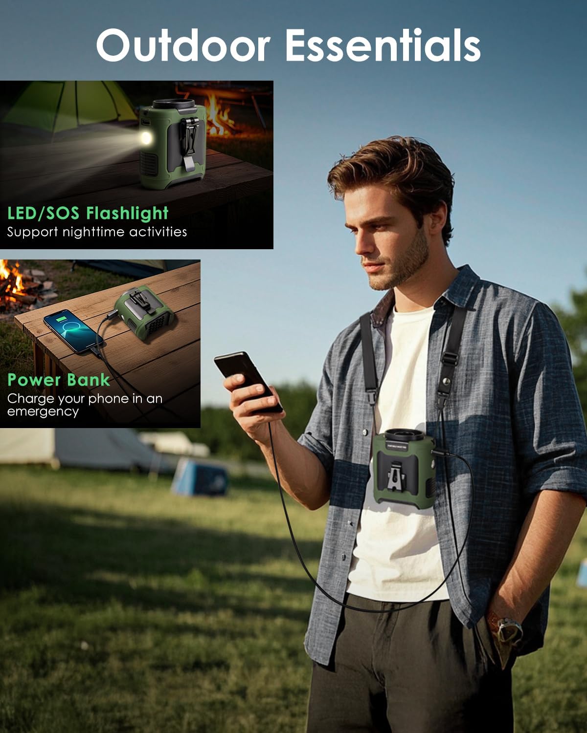 Portable Waist Fan Clip on, Personal Wearable Belt Fan 10000mAh Rechargeable Battery Under Shirt,5 Speeds with light, Neck Fan Hands-Free Cooling For Outdoor Camping Travel (Green)