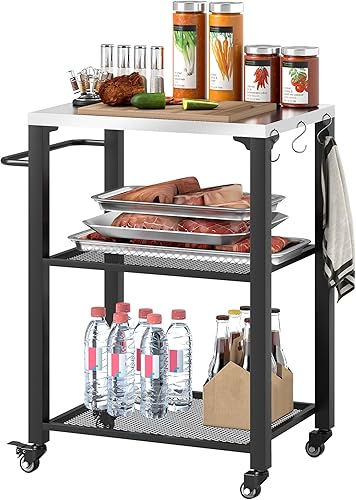 Outsunny Carrito de parrilla de tres estantes para exteriores con mesa de acero inoxidable, mesa multifuncional para horno de pizza de 22 x 16.1