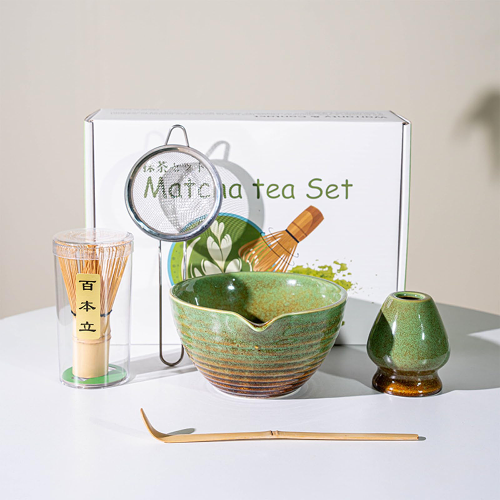 Matcha Set, Japanese Tea Set Includes Matcha Bowl with Spout, Matcha Whisk Holder, Bamboo Matcha Whisk and Sifter Scoop, 17 oz Mottled Tea Green Glaze Ceramic Matcha Kit for Tea Lovers - A-Green