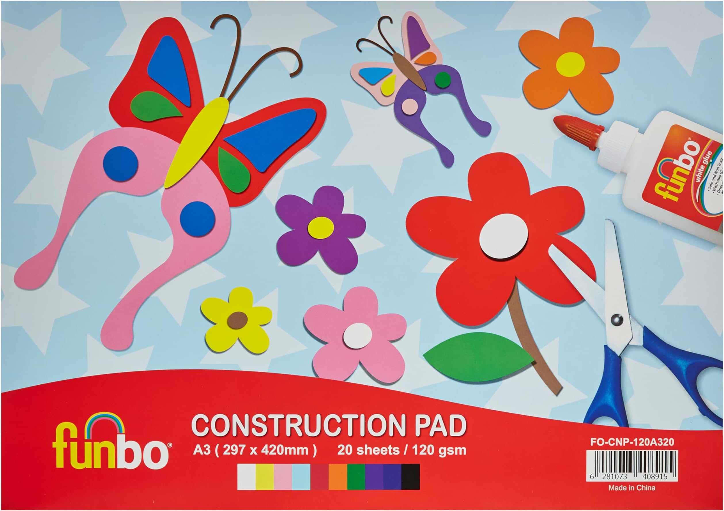 Funbo 120 gsm 20 sheets construction pad, a3 size, 10 assorted colours