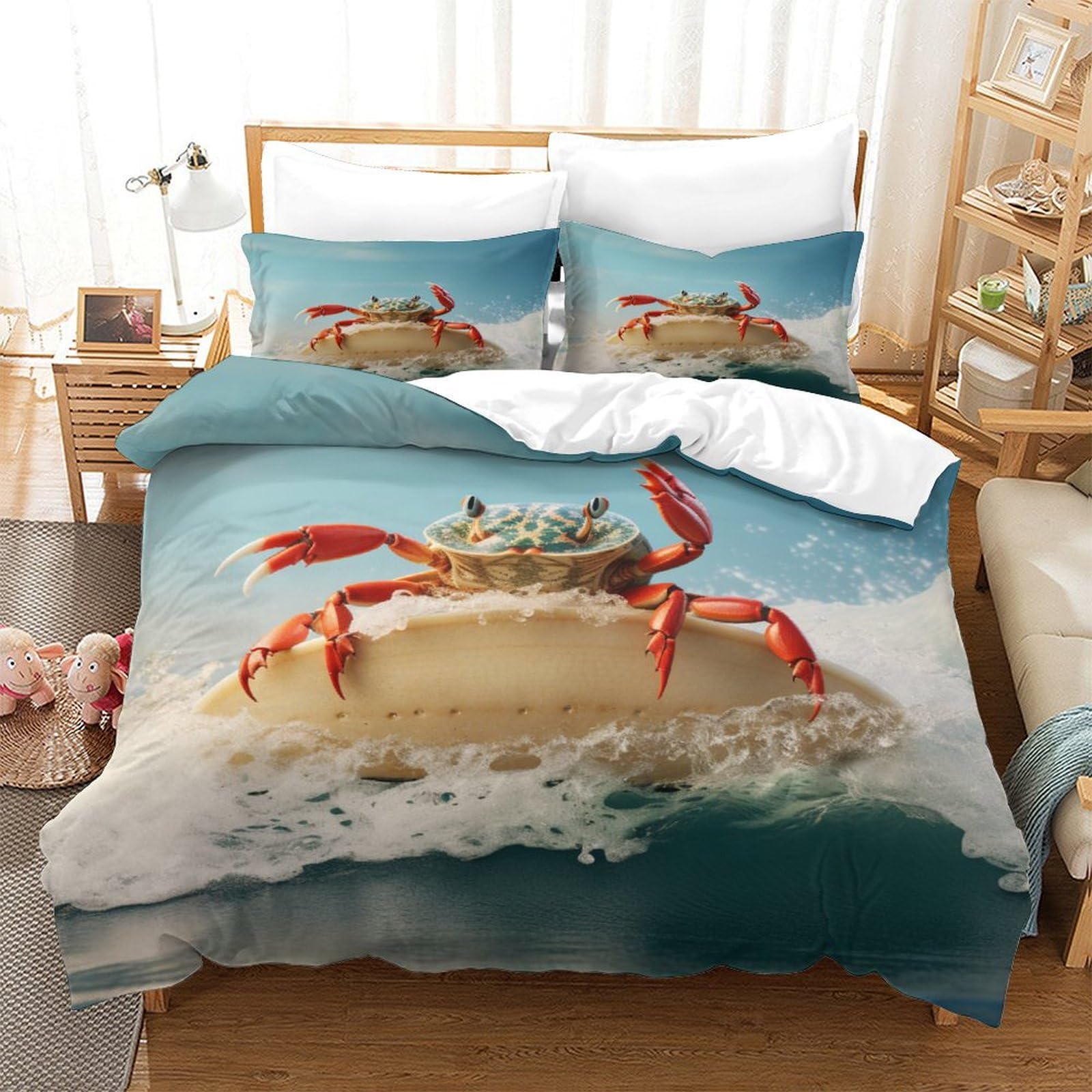 P1S9U7W5Y Coastal 3D Printed Crab Duvet Cover Set 3 Pieces Microfiber Breathable Bedroom Decor Ocean Style Bedding Set for Teens and Adults King（220x240cm）