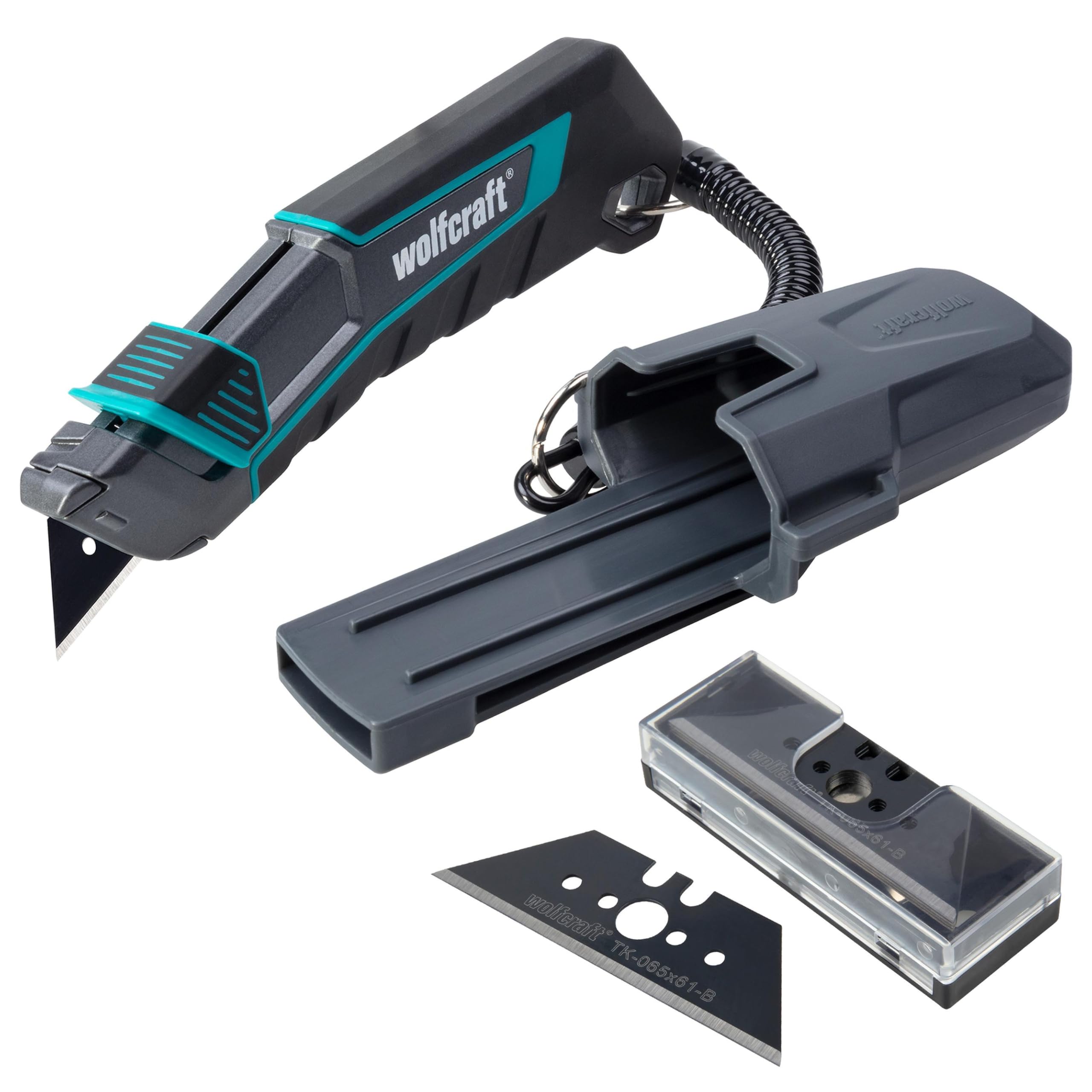 wolfcraft Trapezklingen-Messer-Set PRO SAFETY mit Köcher - 8669060 - Praktisches Set aus Sicherheitsmesser und extrascharfen Ersatzklingen - optimale Ergonomie für Links- und Rechtshänder