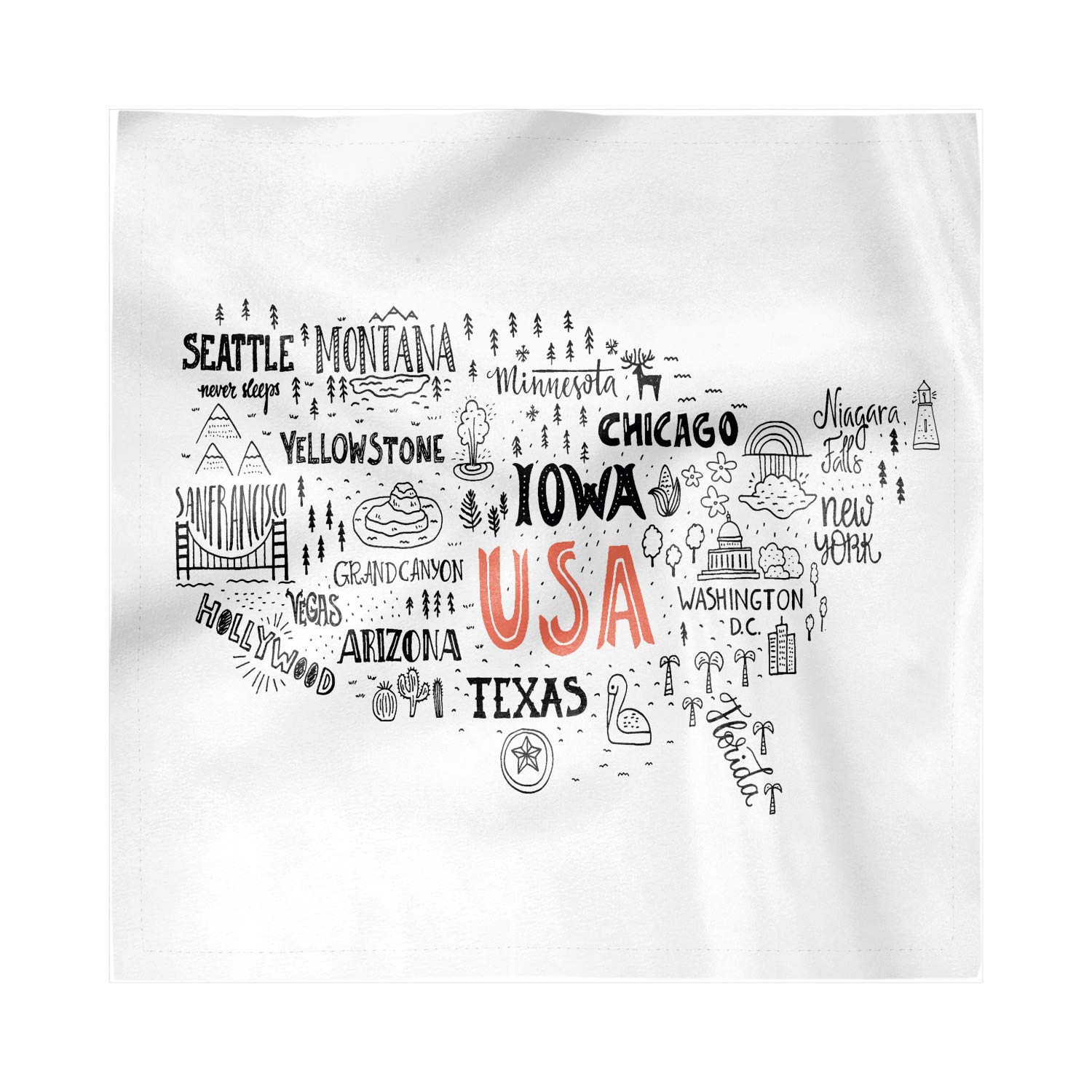 Lunarable Decorative Satin Napkins Set of 4 USA Map, United States of America City Typography Pattern Local Concept, Square Printed Party & Dinner Napkin, 12" x 12", Salmon Black White