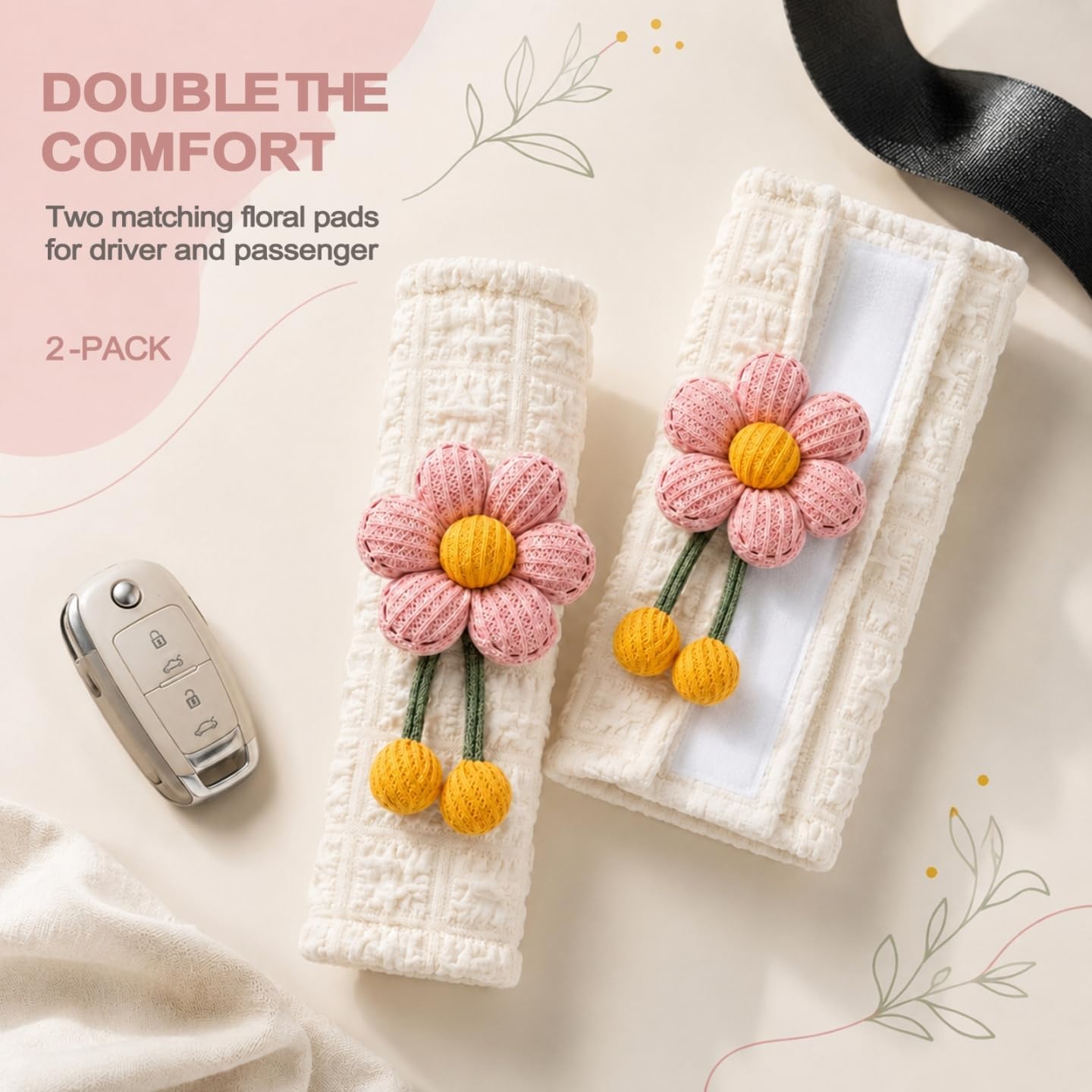 2 PCS Cute Flower Seat Belt Cover Pads, Pink image 4
