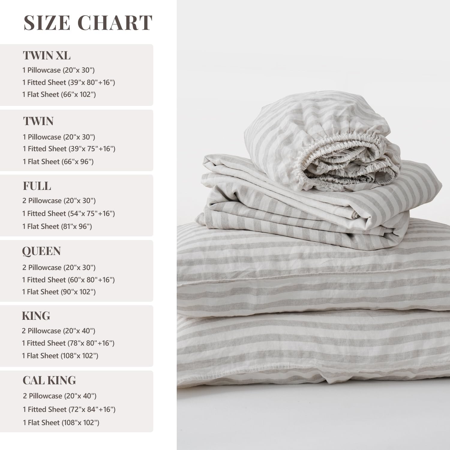 S VICTORY SYMBOL 100% Organic Linen Sheets Set,Yarn Dyed Classic Beige Striped Sheets,French Natural Stone Washed Flax Bedding Set King Size,4pcs Farmhouse Faux Bed Sheets