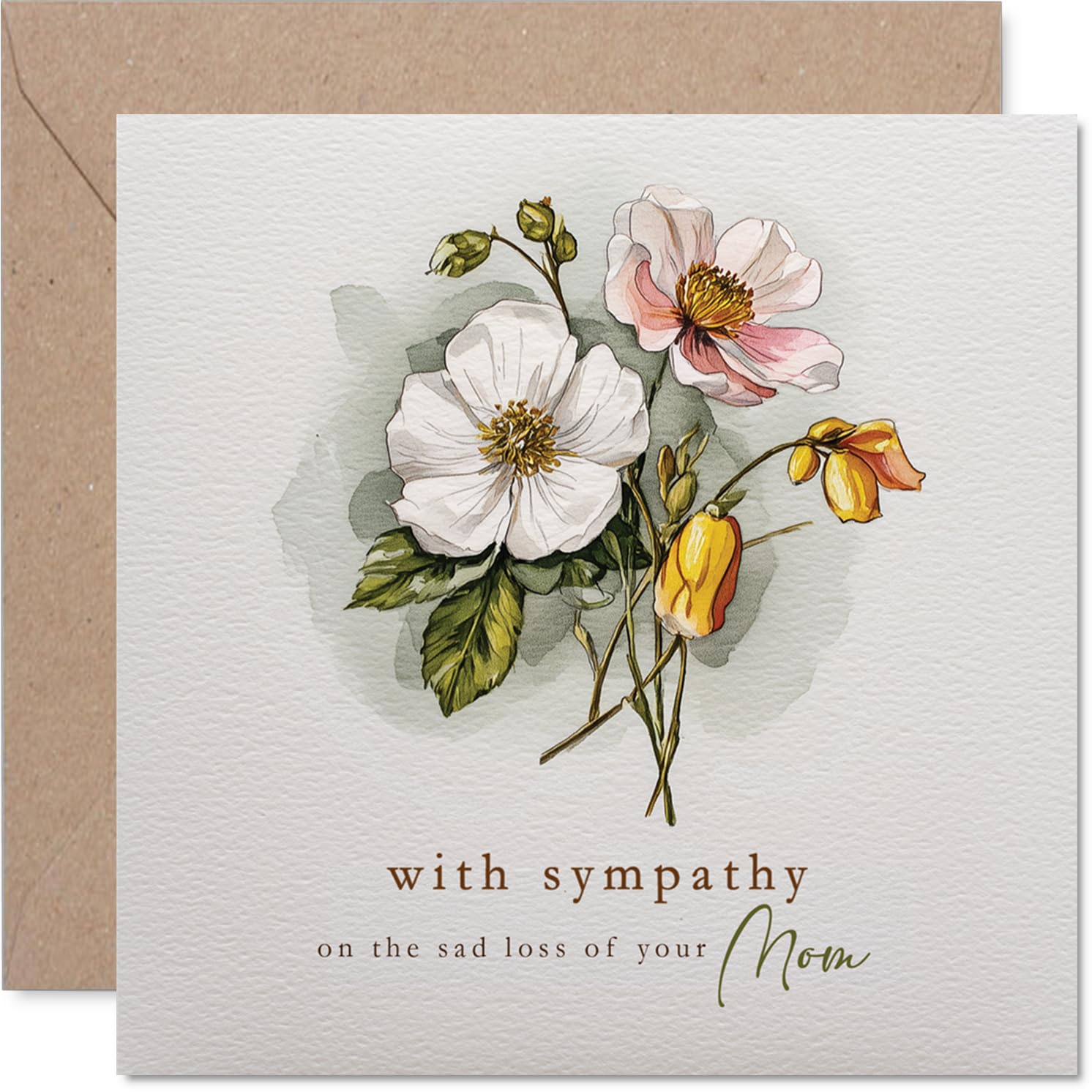 Sympathy Card - Loss of Mom - Gentle Watercolour Florals for a Heartfelt Moment - Elegant Bouquet in Soft Pink and Yellow Tones - 145mm Square, Envelope Included