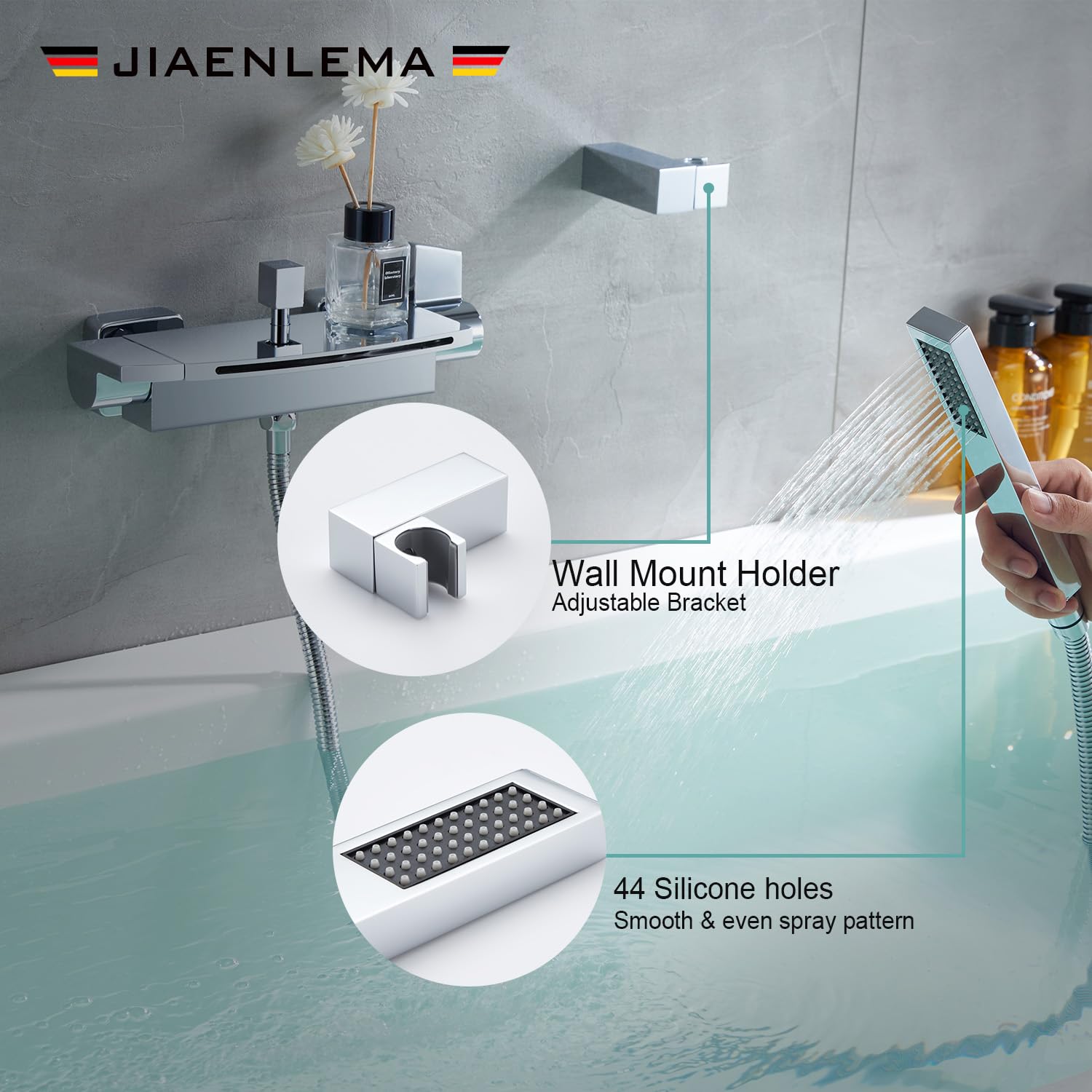 Waterfall Bathtub Faucet Wall Mounted With Handheld Shower Chrome, Tub - View #8
