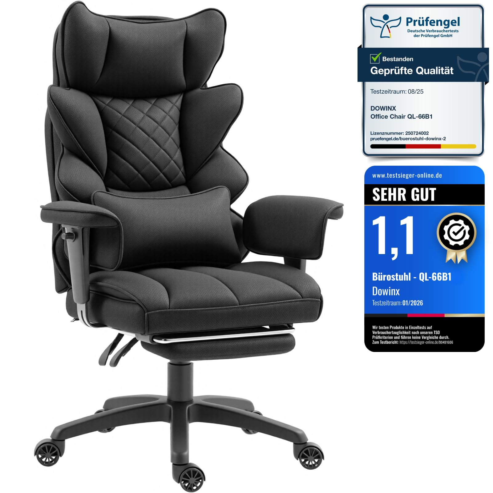 Dowinx Gaming Stuhl, Bürostuhl Ergonomisch mit Taschenfeder-Kissen, Chefsessel mit Doppellagige weiche Rückenlehne und verstellbare Lendenkissen, Armlehnen und Fußstütze, Textil-Schwarz