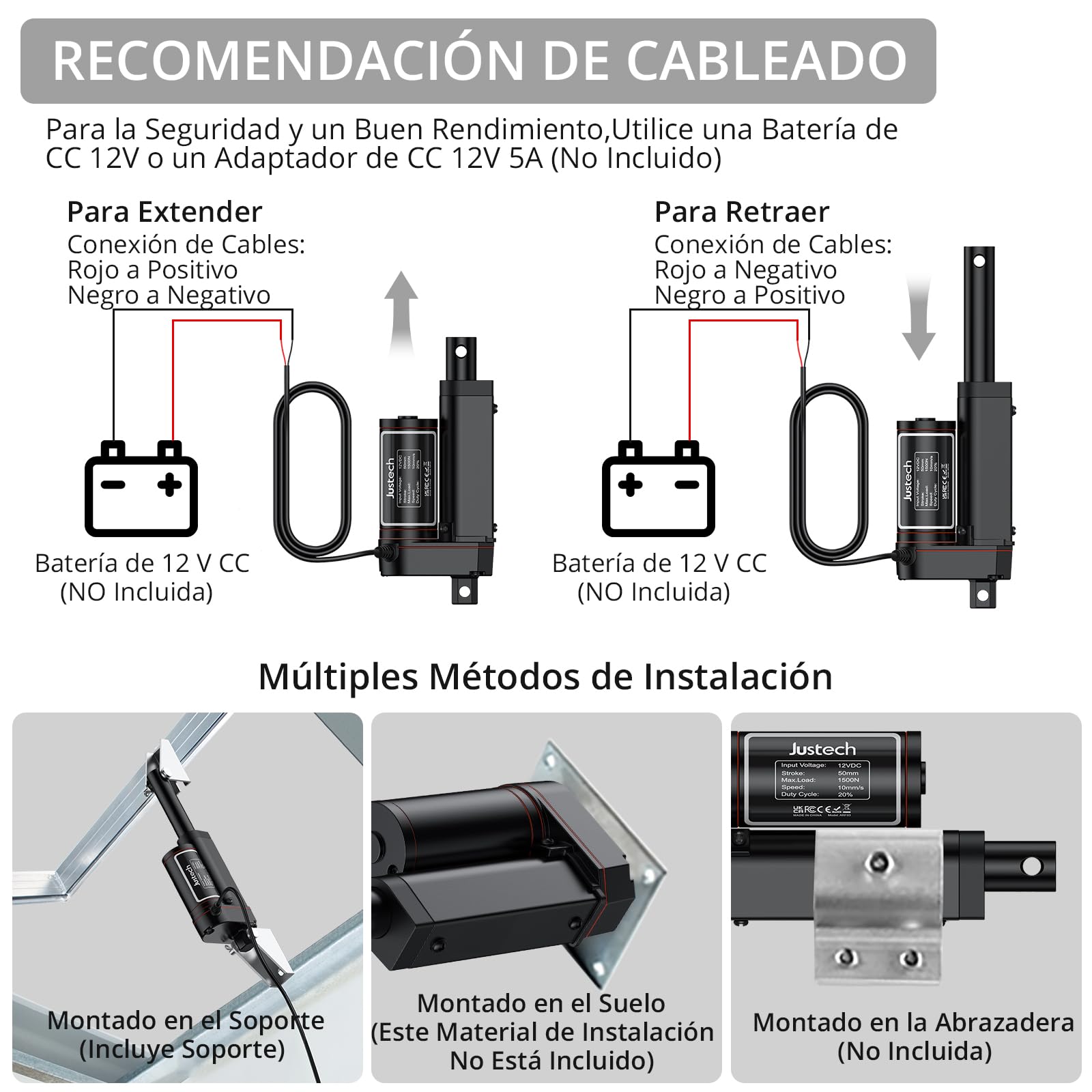 Justech Actuador Lineal 1500N 50mm,12V Motor Actuador Lineal,Impermeable IP65,Aleación de Aluminio para Sistema Automático de Apertura,Seguidor Solar para Paneles,Elevador de Cama etc