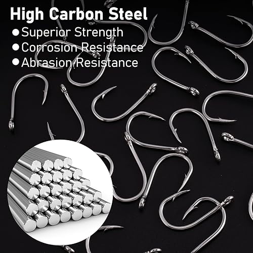 Miniatura 4 de Dr.Fish Paquete de 50 ganchos de cebo vivo para pesca en agua salada, ganchos circulares en J, ganchos O'shaughnessy de acero inoxidable, ganchos