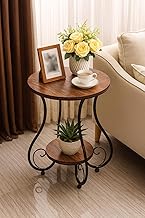Metal Farmhouse Coffee Table Simple Modern Bedside Side Table Small Round Table Engineer Top Metal Table Living Room & Bedroom (Black & Brown)
