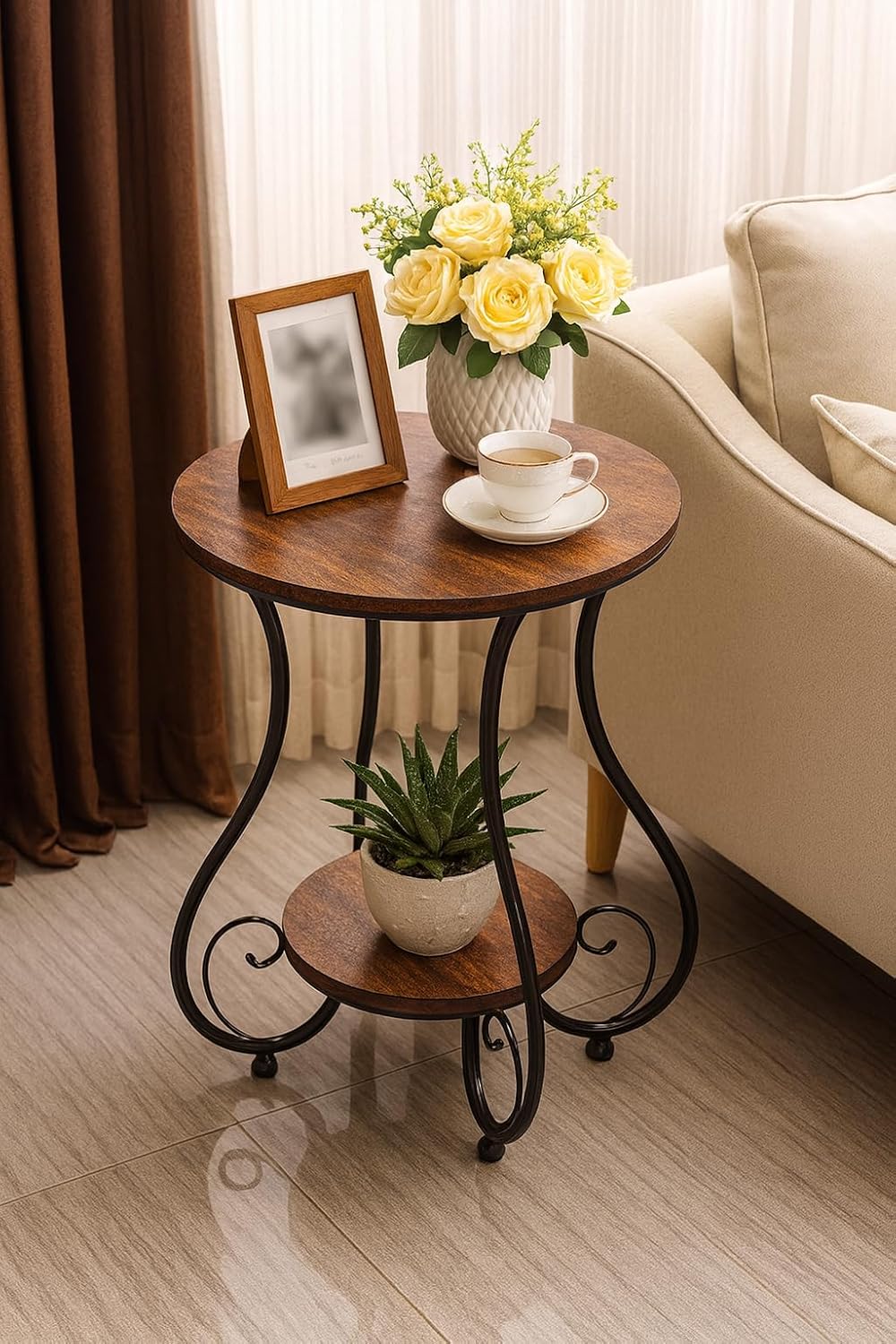 ETIQUETTE ART Metal Farmhouse Coffee Table Simple Modern Bedside Side Table Small Round Table Engineer Top Metal Table Liv...