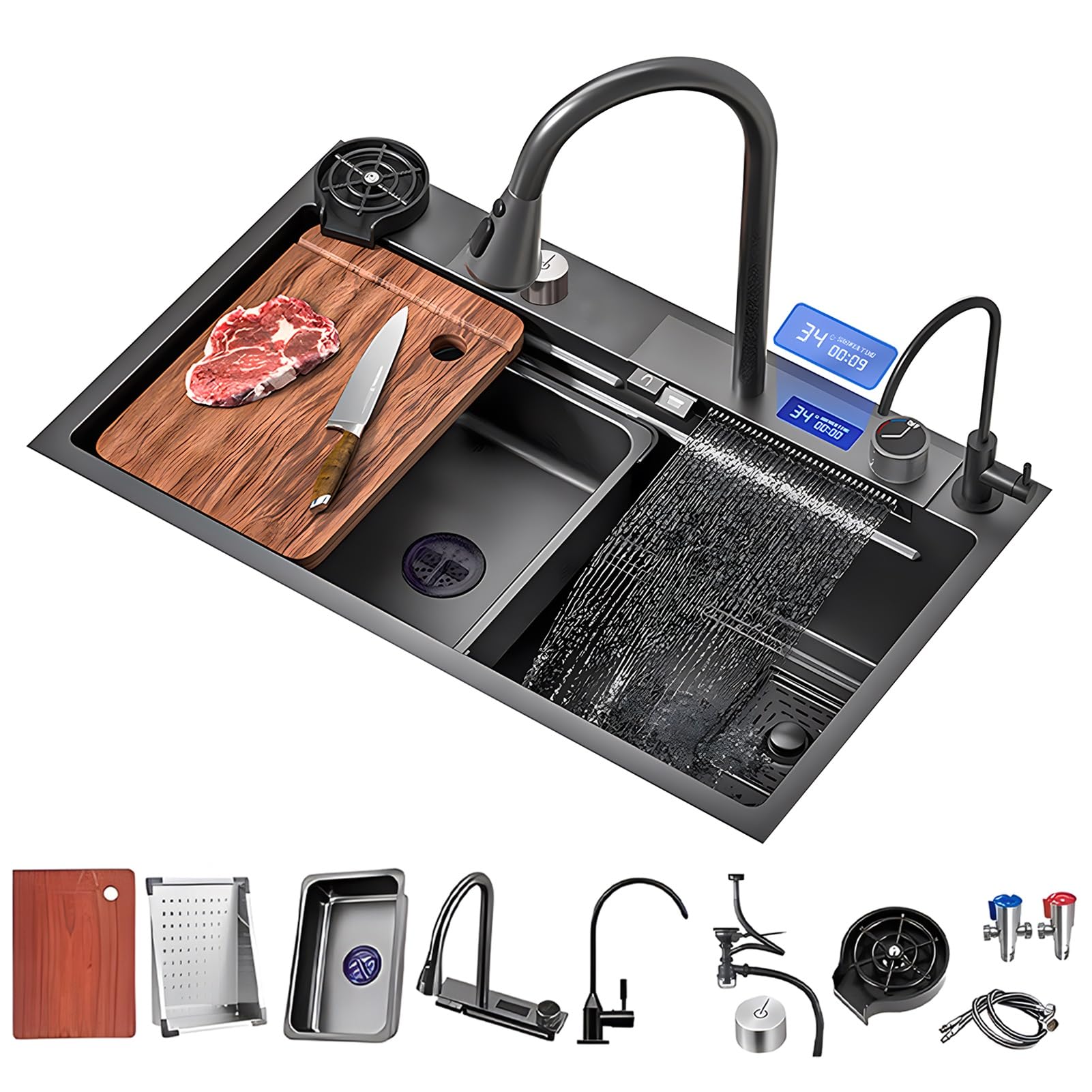 ZQFHSX Kitchen Sink,Temperature Display Sink,WaterfallKitchen Sink,Knob Drainage,with Pull Down Faucet,Drain Strainer And Accessories (Size : 80x46x22cm)