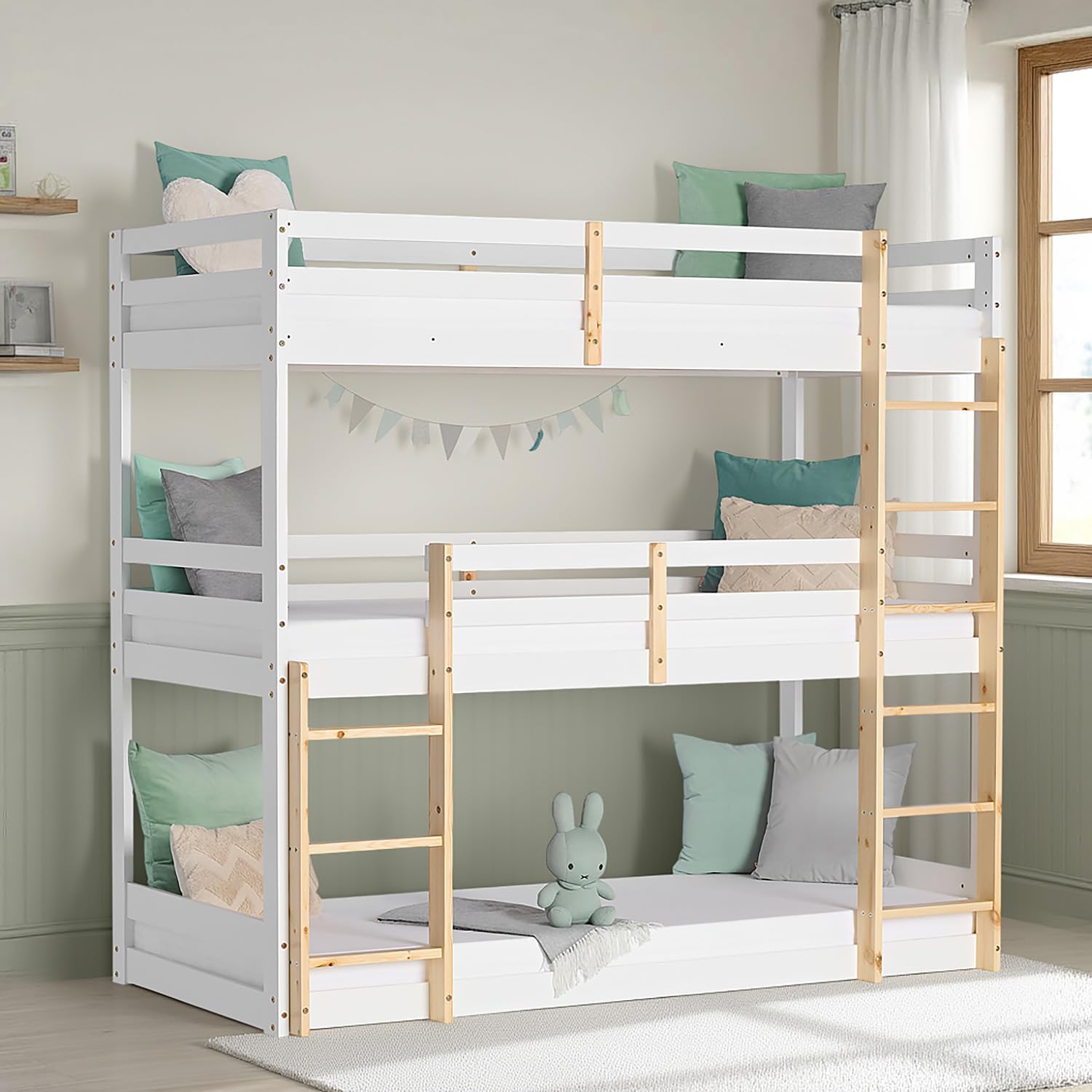 Homestyle4u Lit superposé pour 3 Enfants Lit Mezzanine 90x200 avec escalier, sommier à Lattes, Bois Blanc, Finition Naturelle | Article 2589