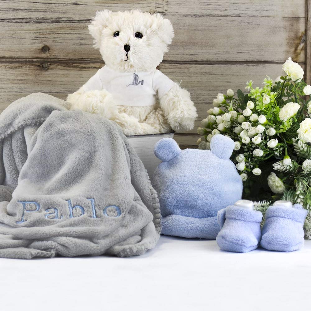 Regalo Neonato Maschio Femmina | Cestino per bambini | Orsetto | Coperta ricamata | Piccolo set | 3/6 Mesi (Blu) | BebeDeParis