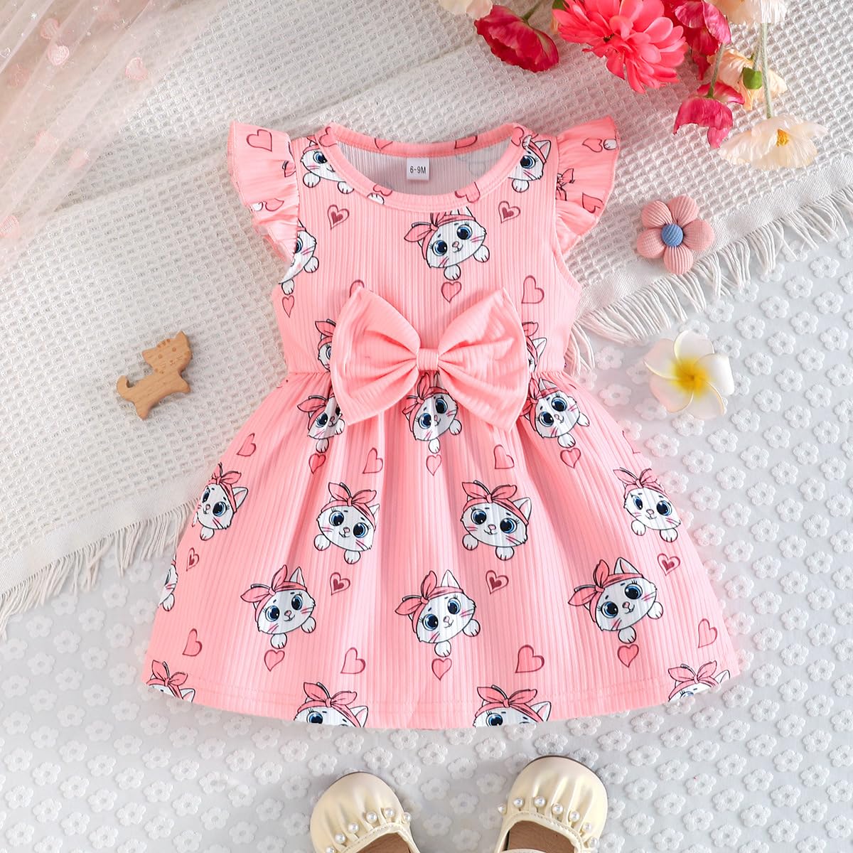 Robe Bébé Fille Imprimée Papillon Nœud Volants sans Manches Robe D'été Mignonne à Pois pour Filles