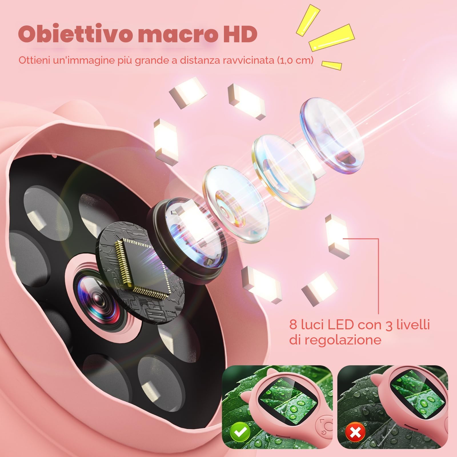 Ashfly Microscopio portatile per bambini, schermo IPS da 2,0", 200X, microscopio tascabile portatile, 3 livelli regolabili, luci LED USB su PC, mini microscopio per bambini dai 3 anni in su, rosa
