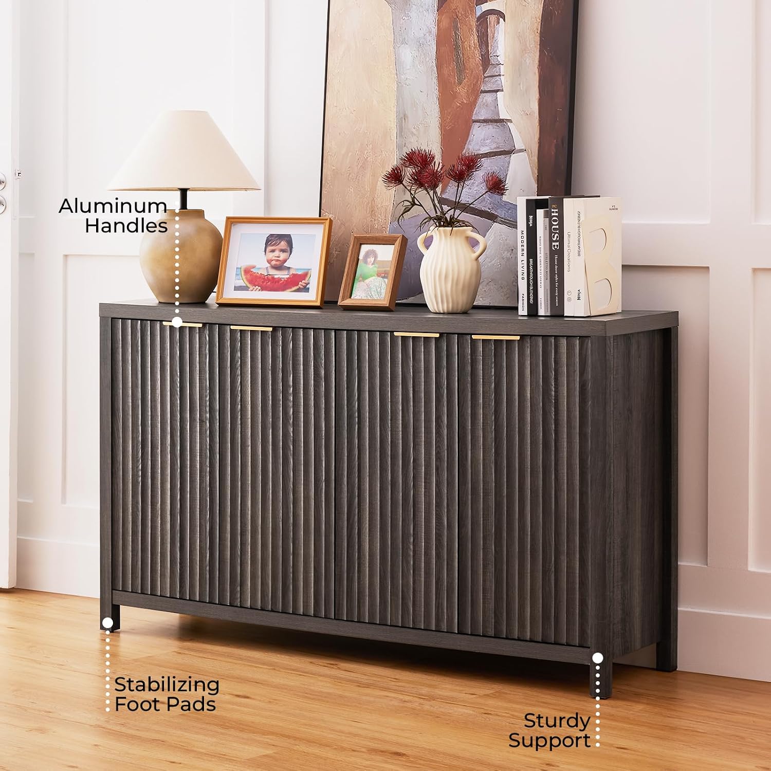 Walsham Fluted Sideboard Buffet Cabinet with Storage, 56" Wide Accent Sideboard Modern Credenza with 4 Doors & Adjustable Shelves, Holds 300lb Media Console Cabinet for Living Room Kitchen, Dark Gray