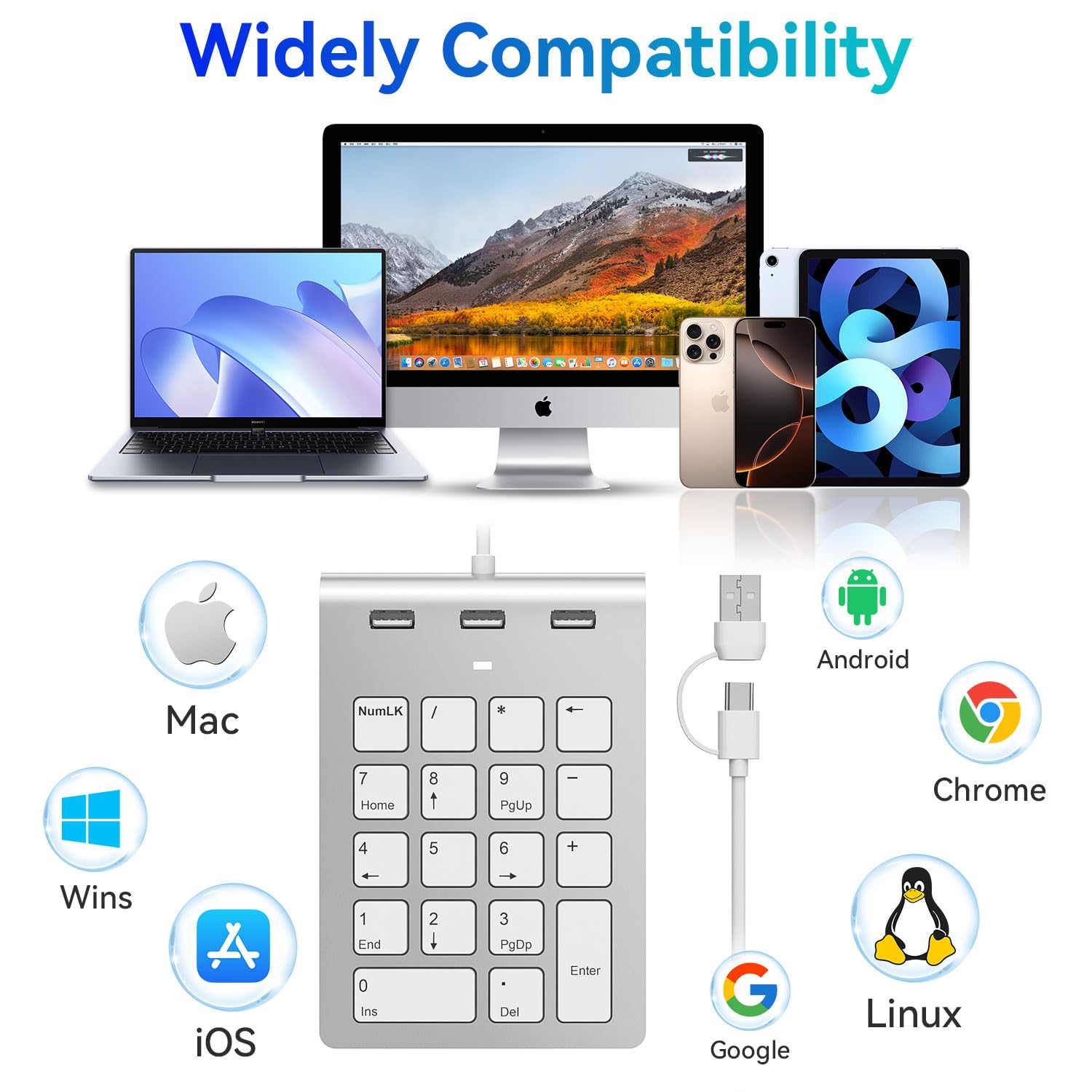 Rytaki Pro Tastierino Numerico Cablato USB-C&USB-A, Tastierino 18 Tasti con 3 Porte USB 2.0, Tastierino Numerico per Laptop/Desktop/Surface/iPad, Numpad USB per Windows/macOS/Chrome OS, Plug & Play