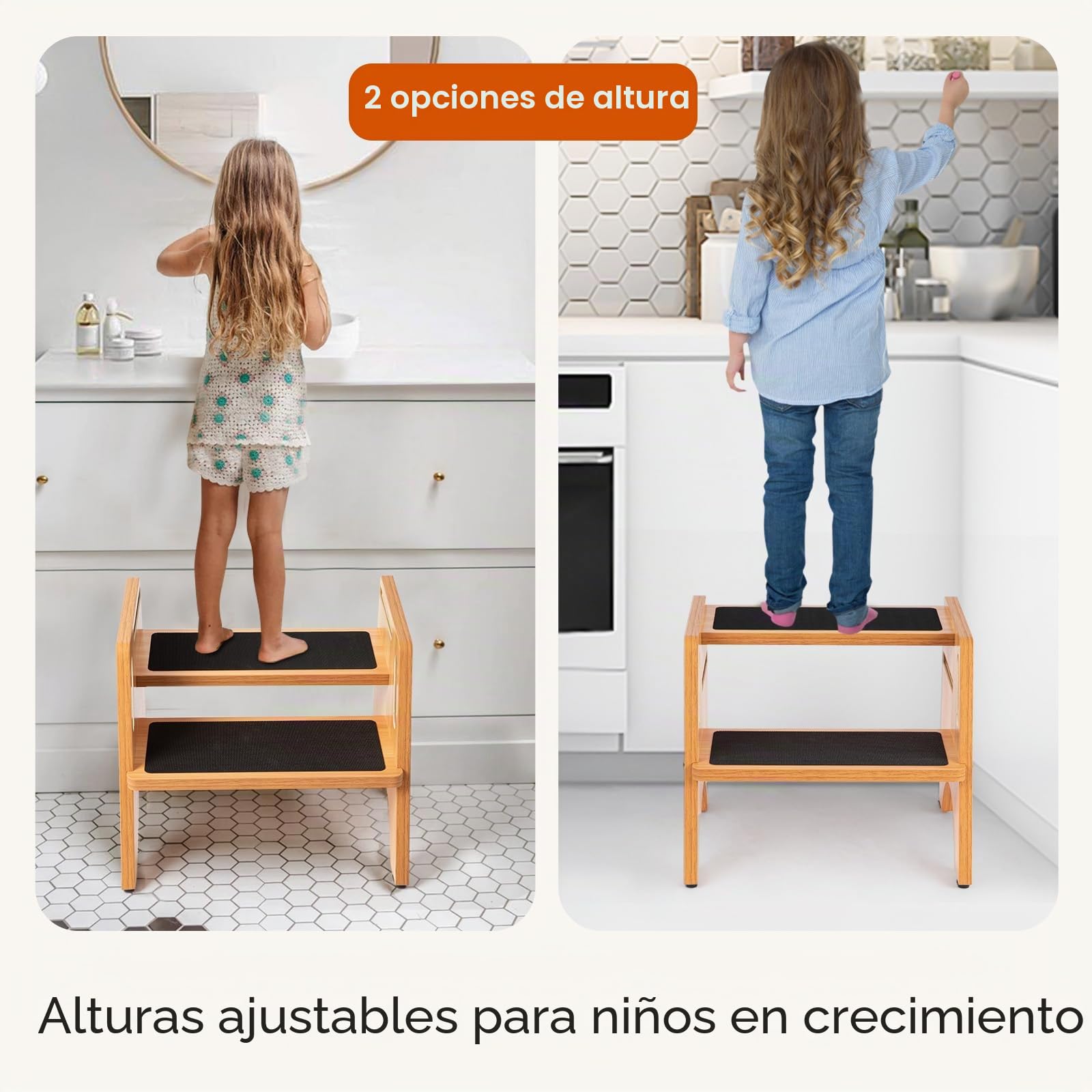 StrongTek Taburete 2 Escalones Ajustables de Madera | Escalera resistente de madera con 2 peldaños regulables en altura y bordes antideslizantes para uso familiar