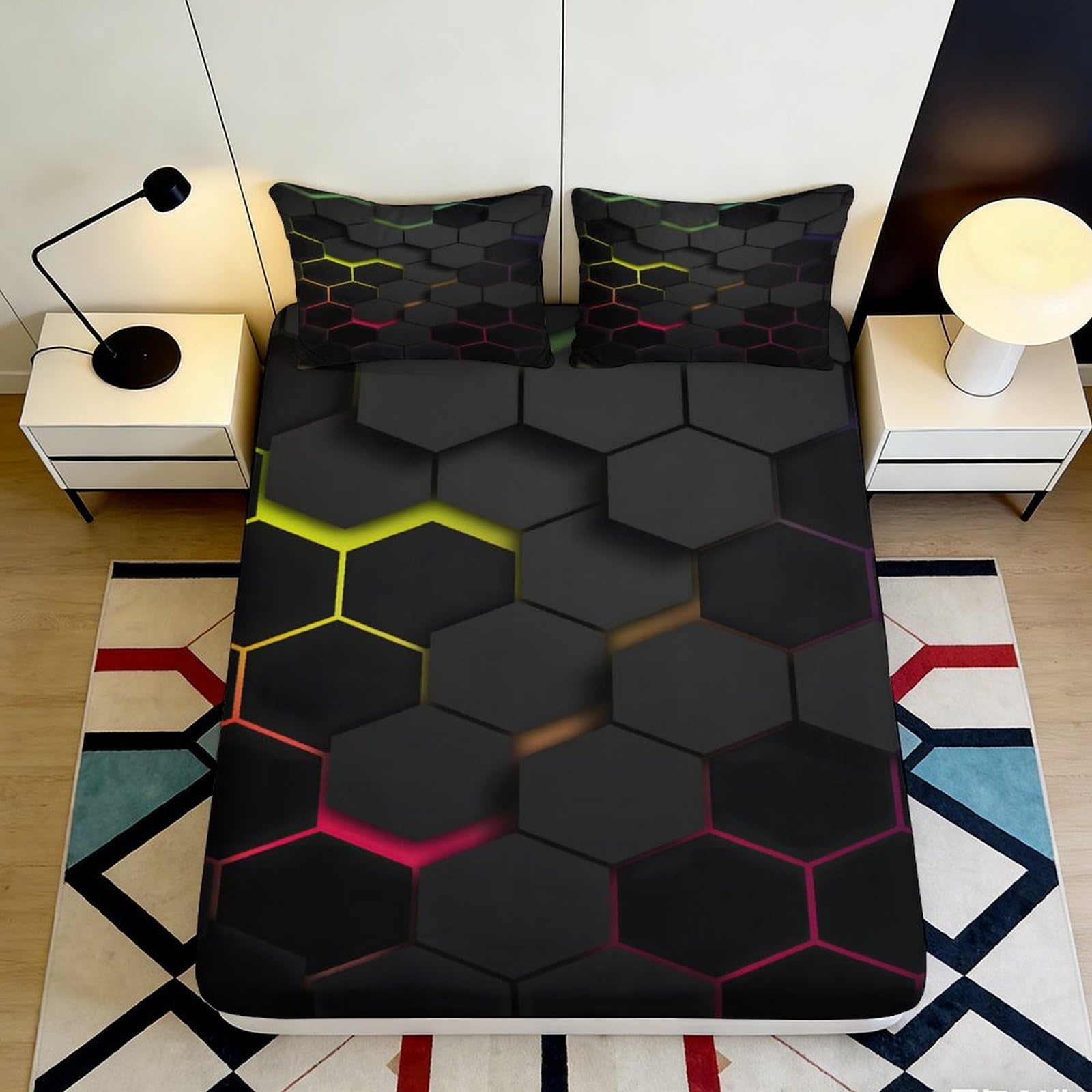 3D Printed Hexagon Pattern Fitted Sheet Microfiber Soft Black Neon Geometric Mattress Cover for Bedroom Guest Room Decor 160x200x25cm