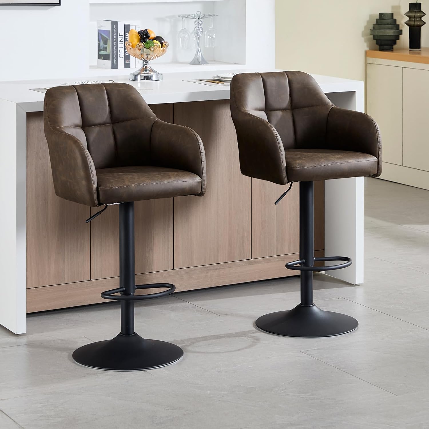 Modern Swivel Barstools Set of 2 Faux Leather Counter Height Barstools with Armrest Upholstered Adjustable Bar Chair with Metal Base Footrest for Kitchen Island/Home Bar/Dining Room, Brown