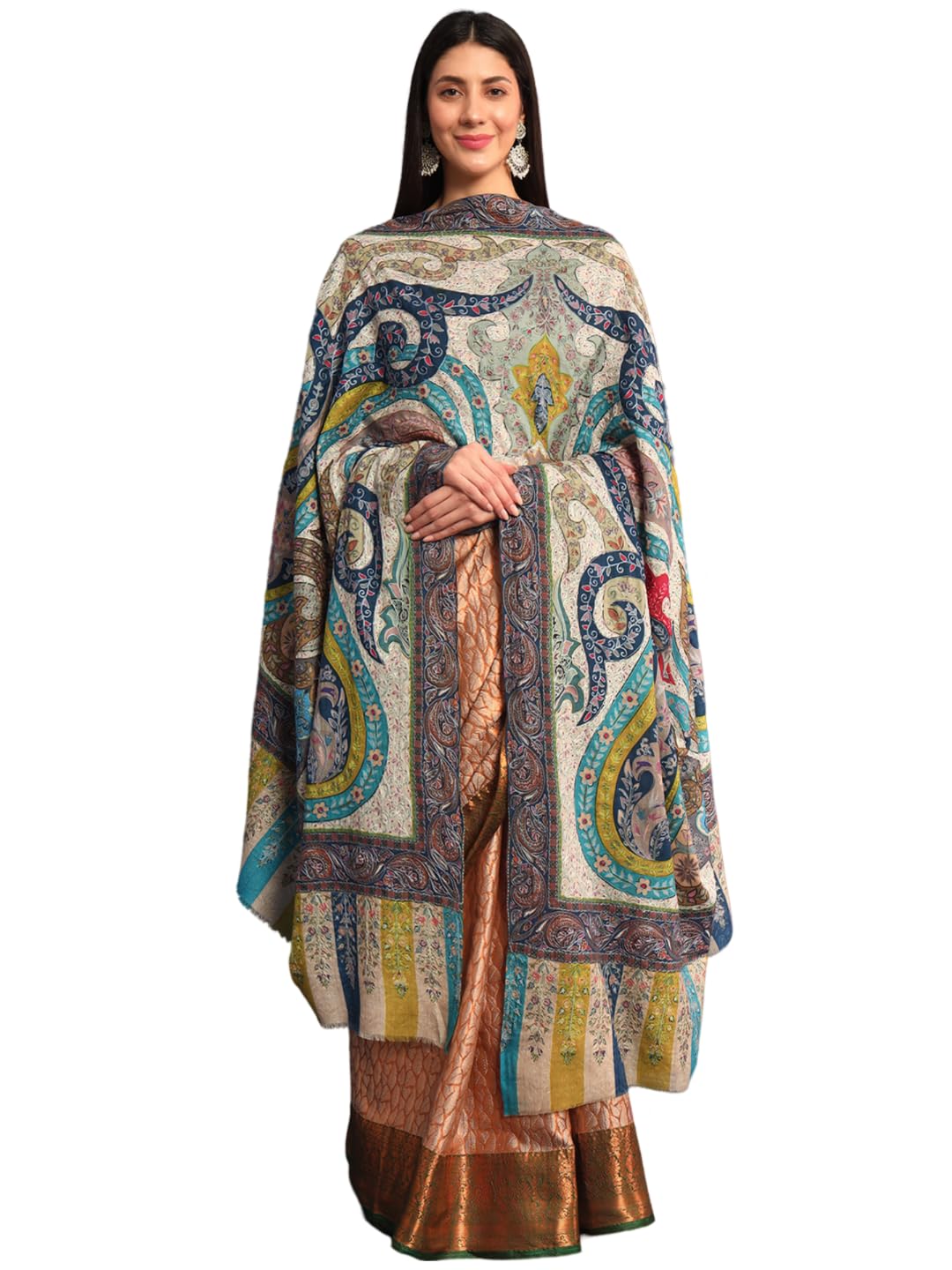 Women Mehar Fine Wool Fabric Pashmina Kalamkari Embroidered Shawl, Stole and Wrap, Sustainable and Natural Fabric, Heritage Kashmiri Pashmina(Size 45x90)-image-14