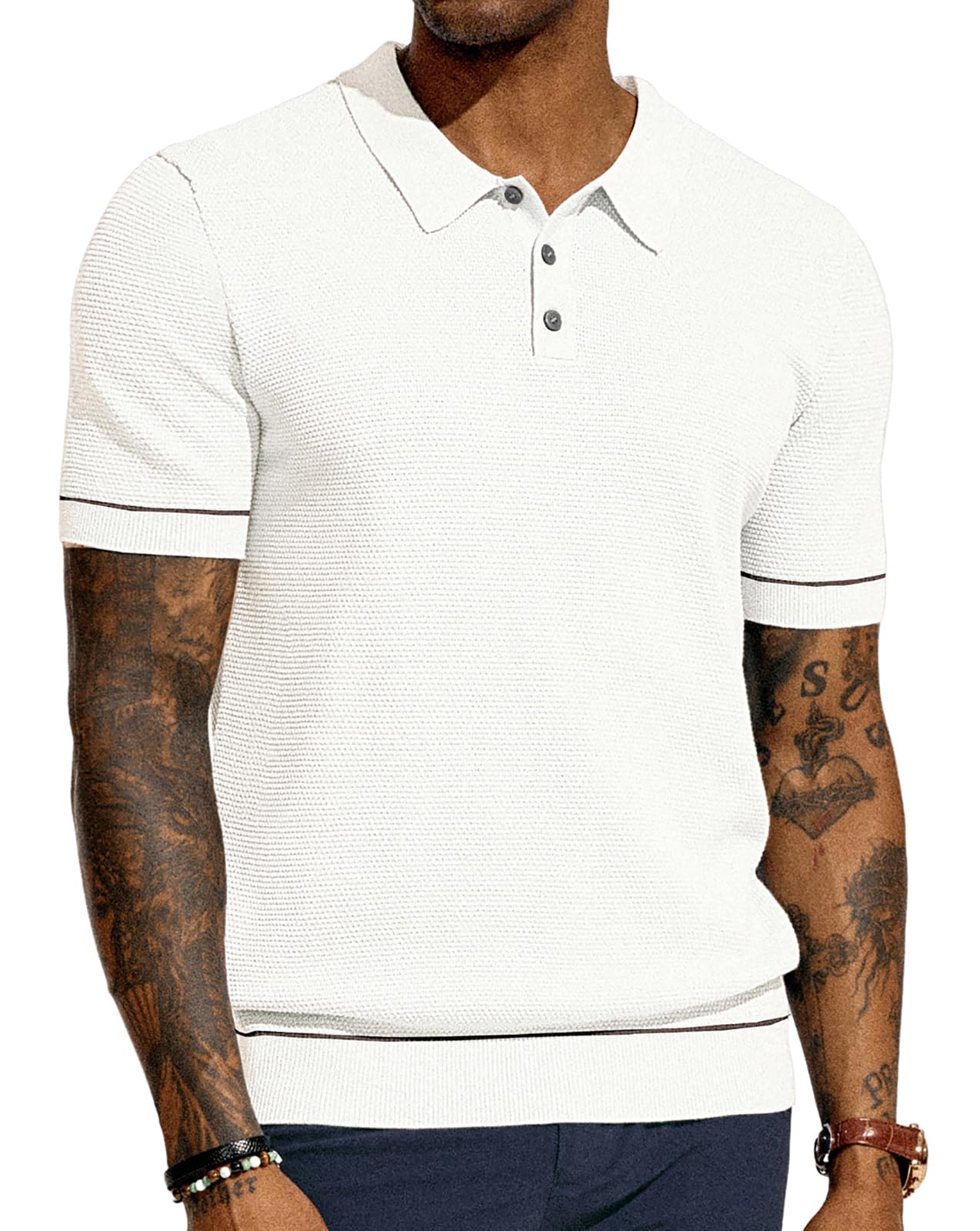 PJ PAUL JONES Mens Knit Polo Shirts Short Sleeve Textured Polo Shirts Sretchy Regular Fit